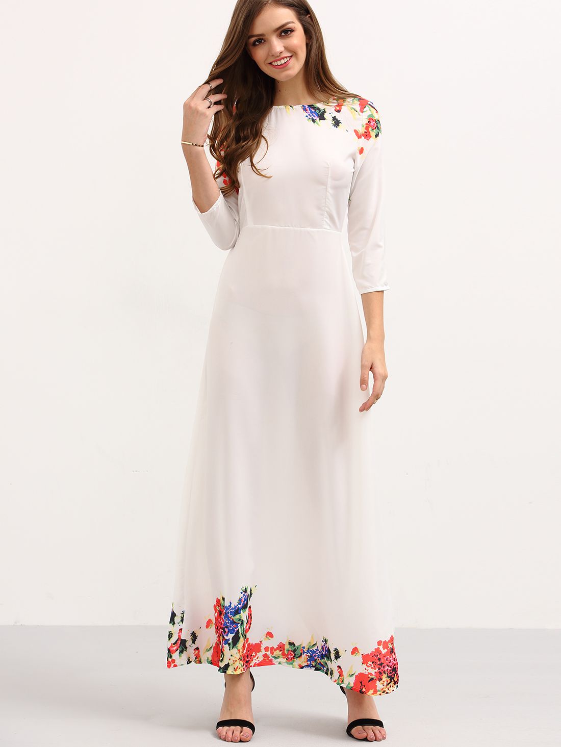 3/4 Sleeve Flower Print Long Dress - White