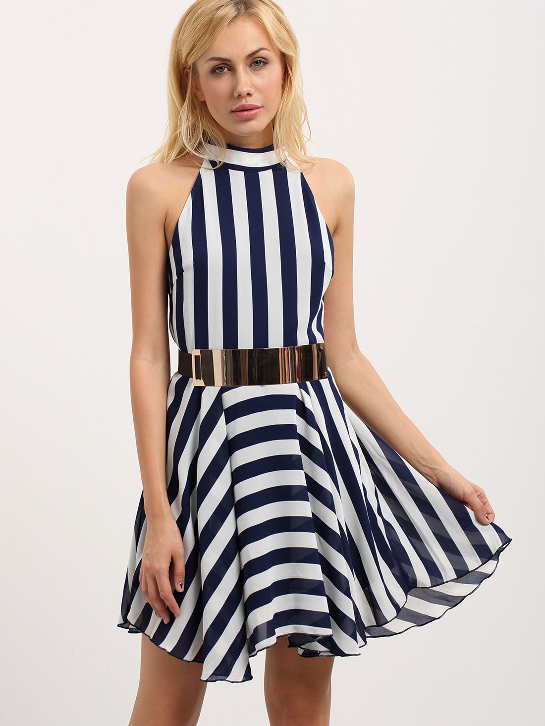 Multicolor Sleeveless Striped Crew Neck Dress