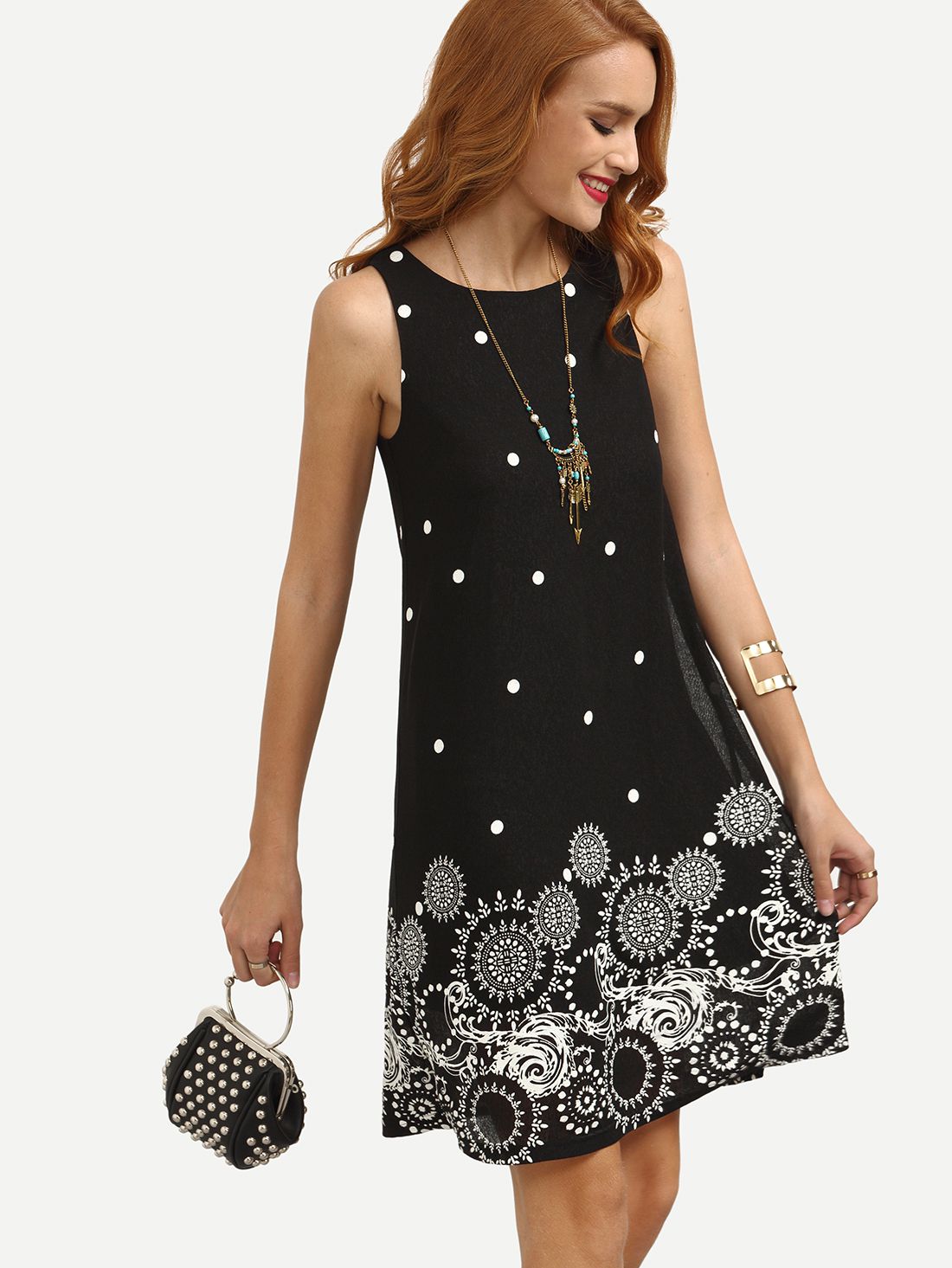 Black Polka Dot Print Sleeveless Shift Dress