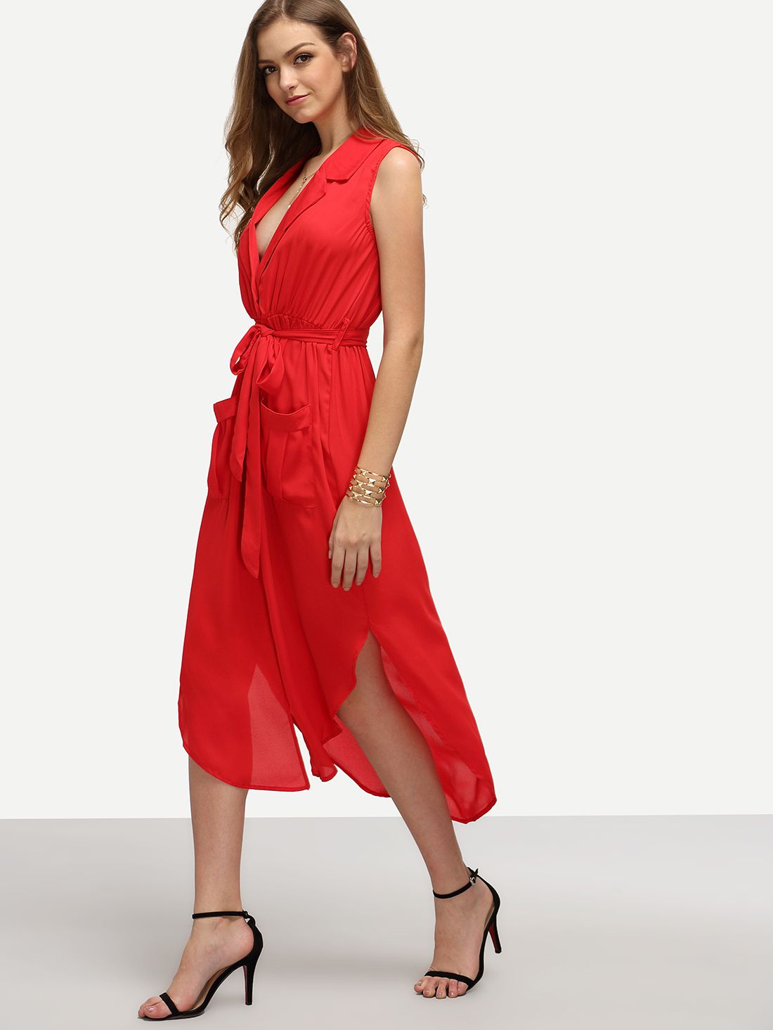 Red Lapel Self-tie High Low Chiffon Dress With Pockets