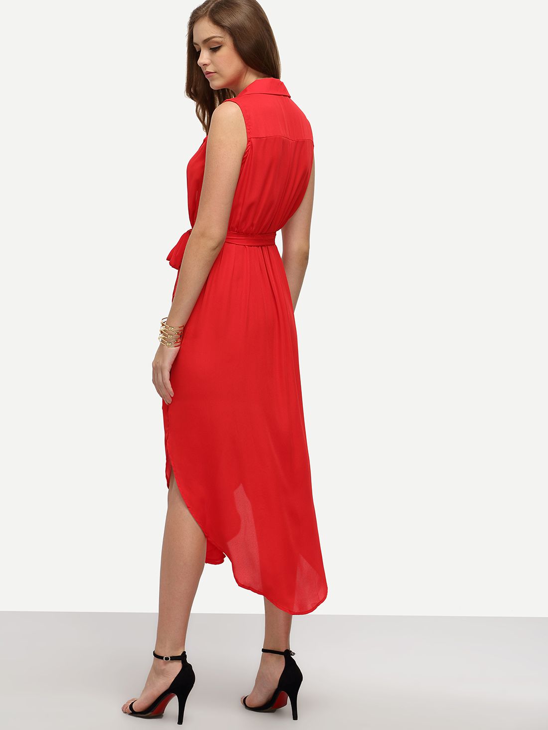 Red Lapel Self-tie High Low Chiffon Dress With Pockets