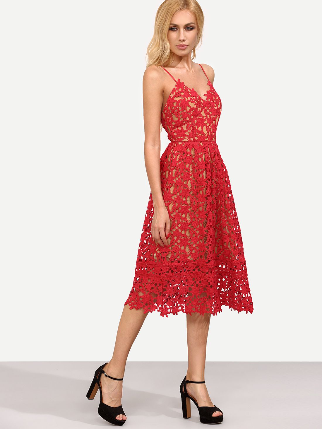 Red Hollow Out Fit & Flare Lace Cami Dress