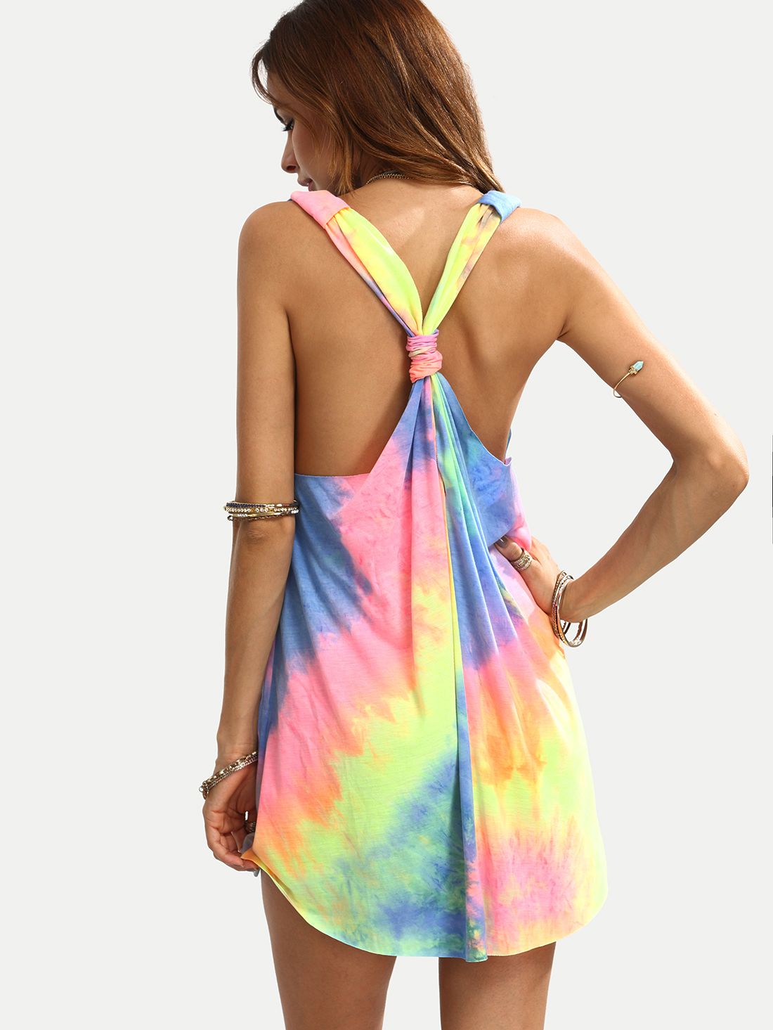 Multicolor Tie-dye V Neck Sleeveless Knotted Shift Dress