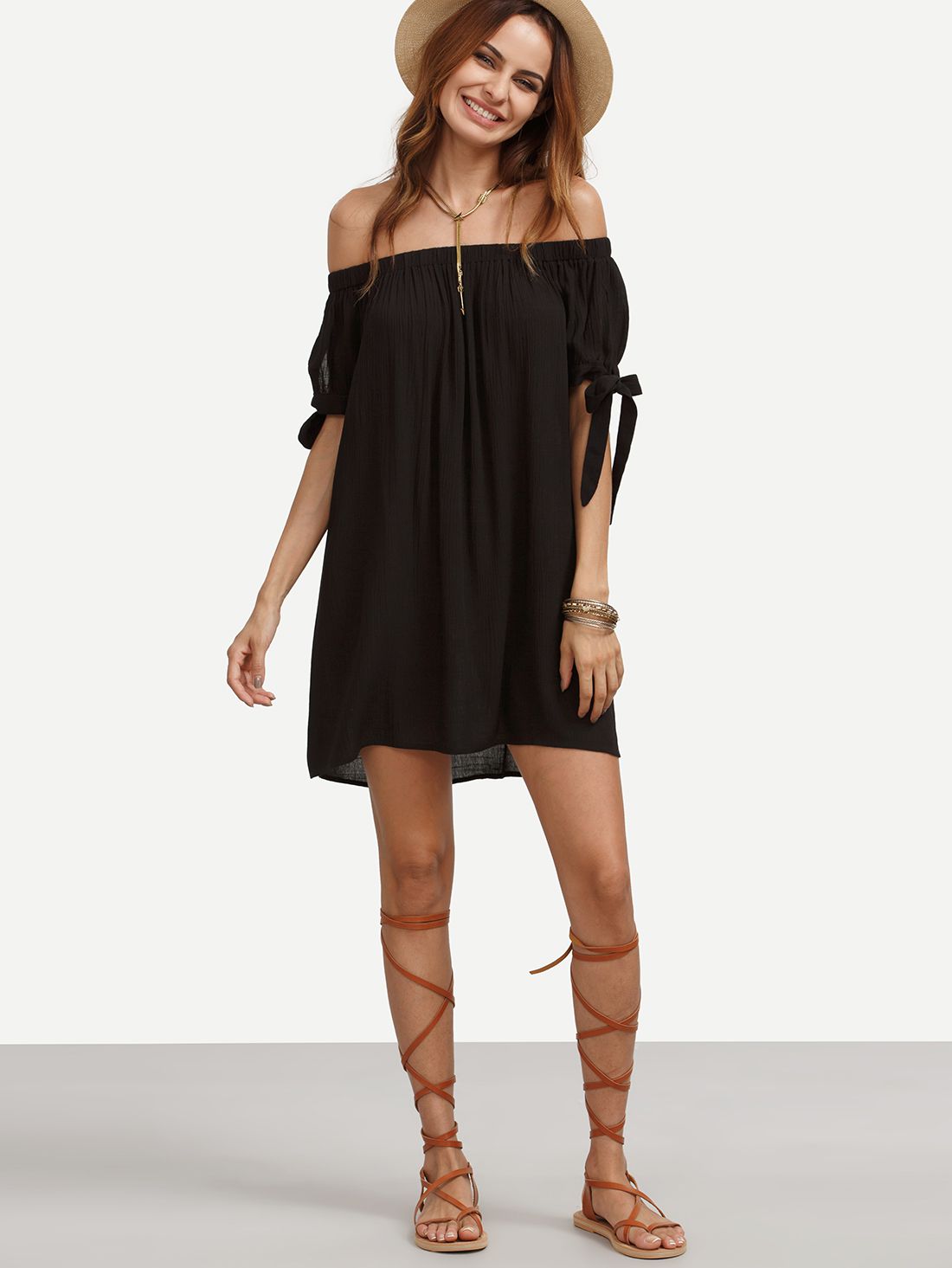 Black Off The Shoulder Tie Cuff Shift Dress