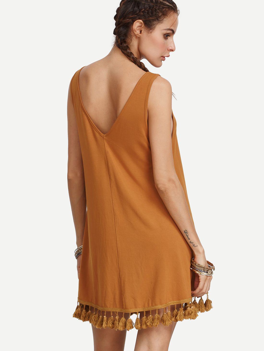 Brown V Neck Tassel Hem Sleeveless Dress