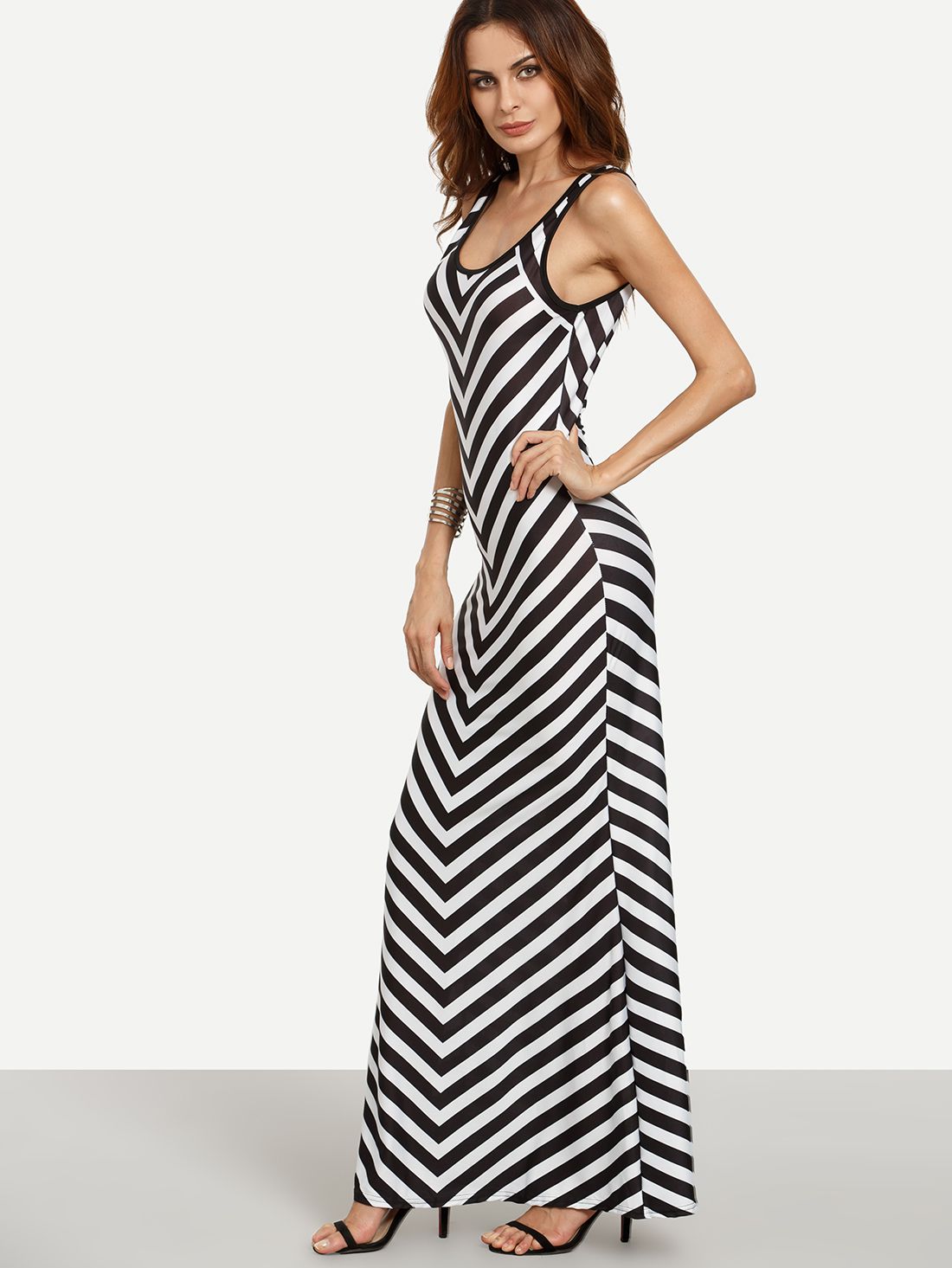 Black White Chevron Print Maxi Tank Dress