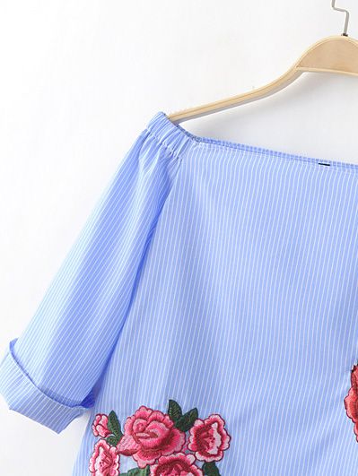 Blue Off The Shoulder Stripe Embroidery Dress