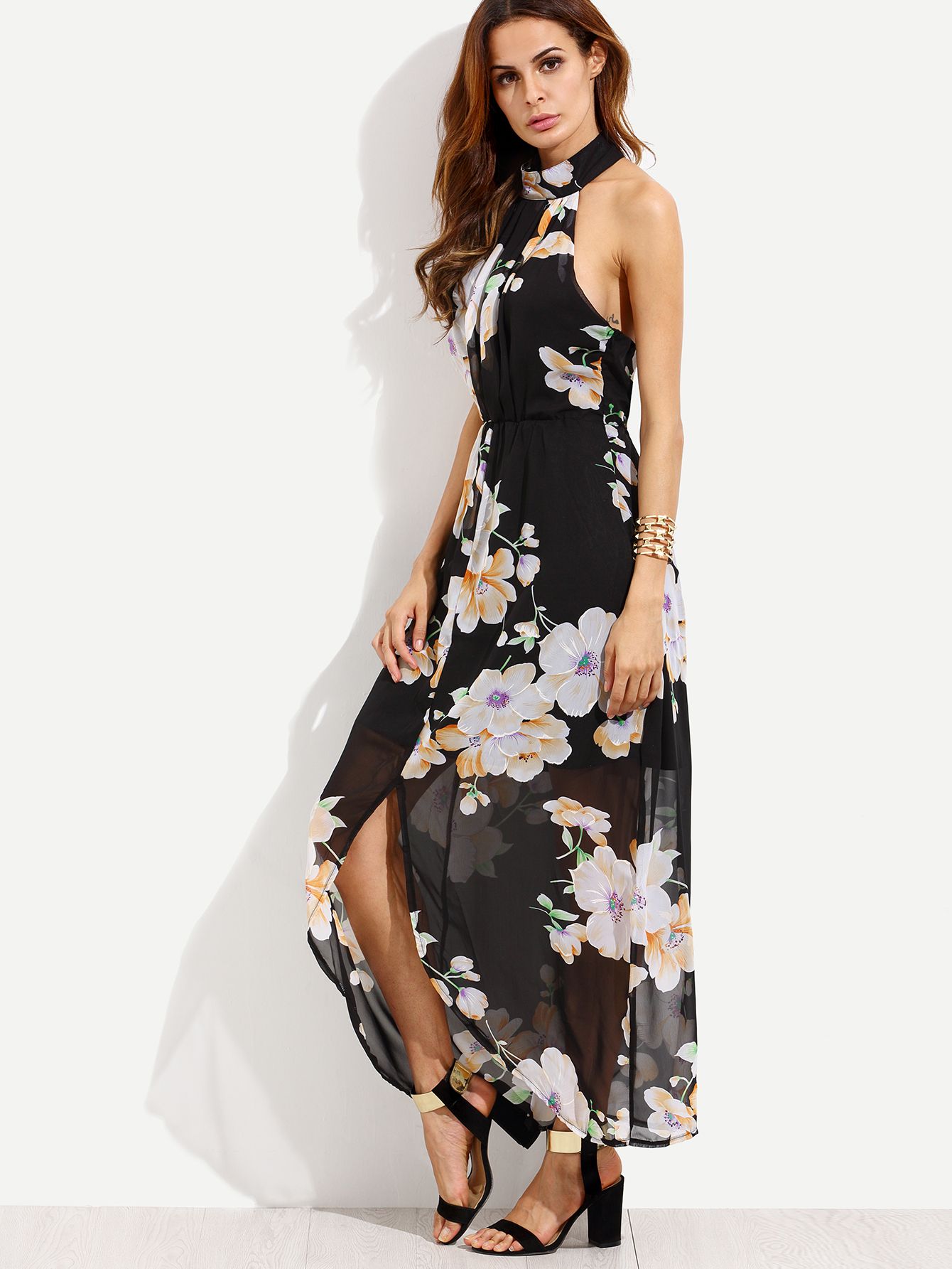 Black Flower Print Halter Neck Slit Chiffon Dress