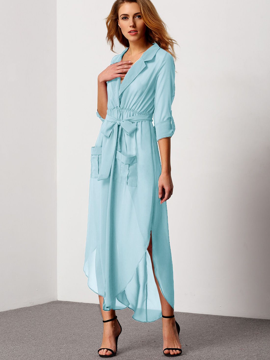 Blue Notch Lapel Belted Shirt Dress With Pocket