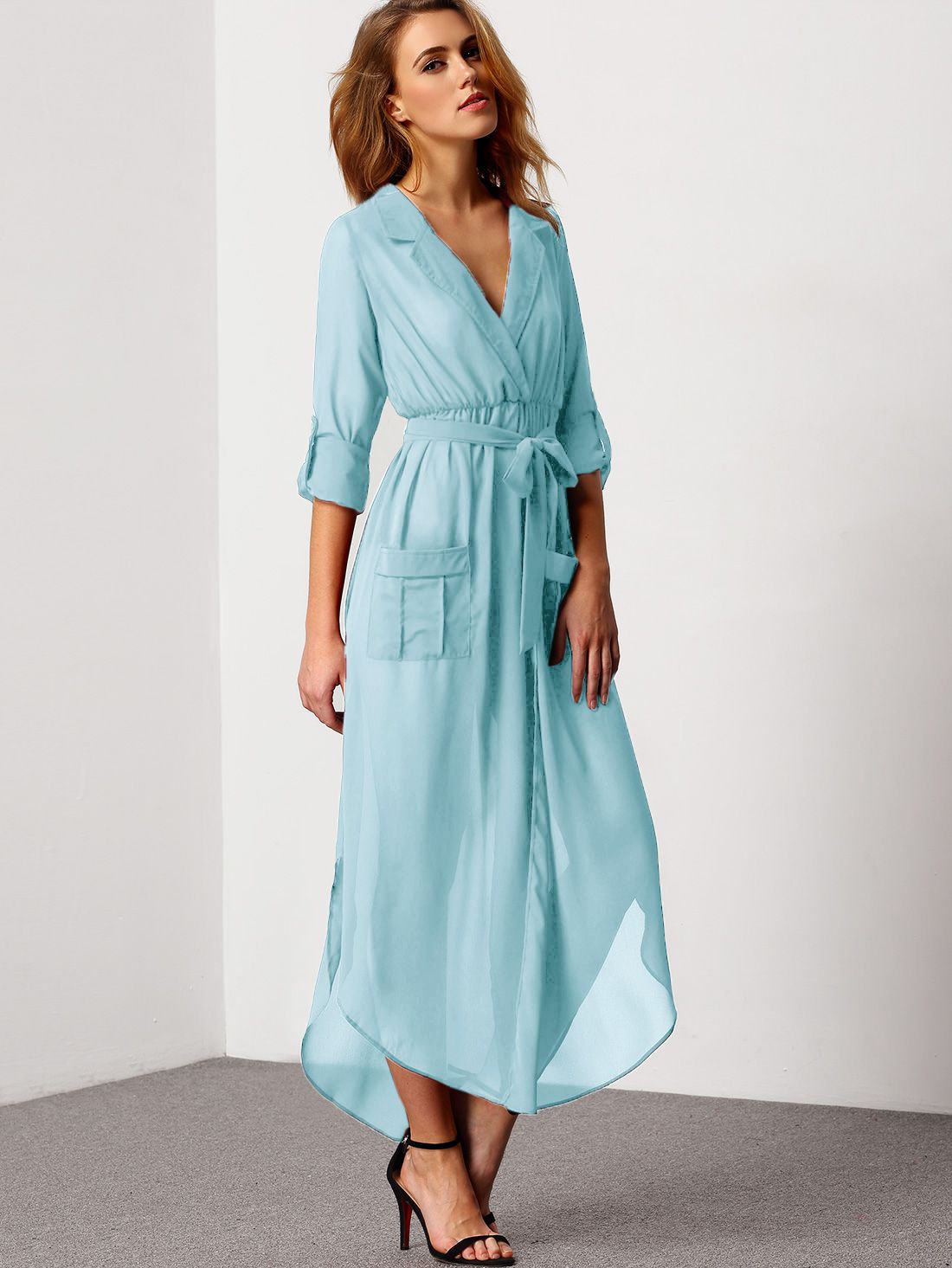 Blue Notch Lapel Belted Shirt Dress With Pocket