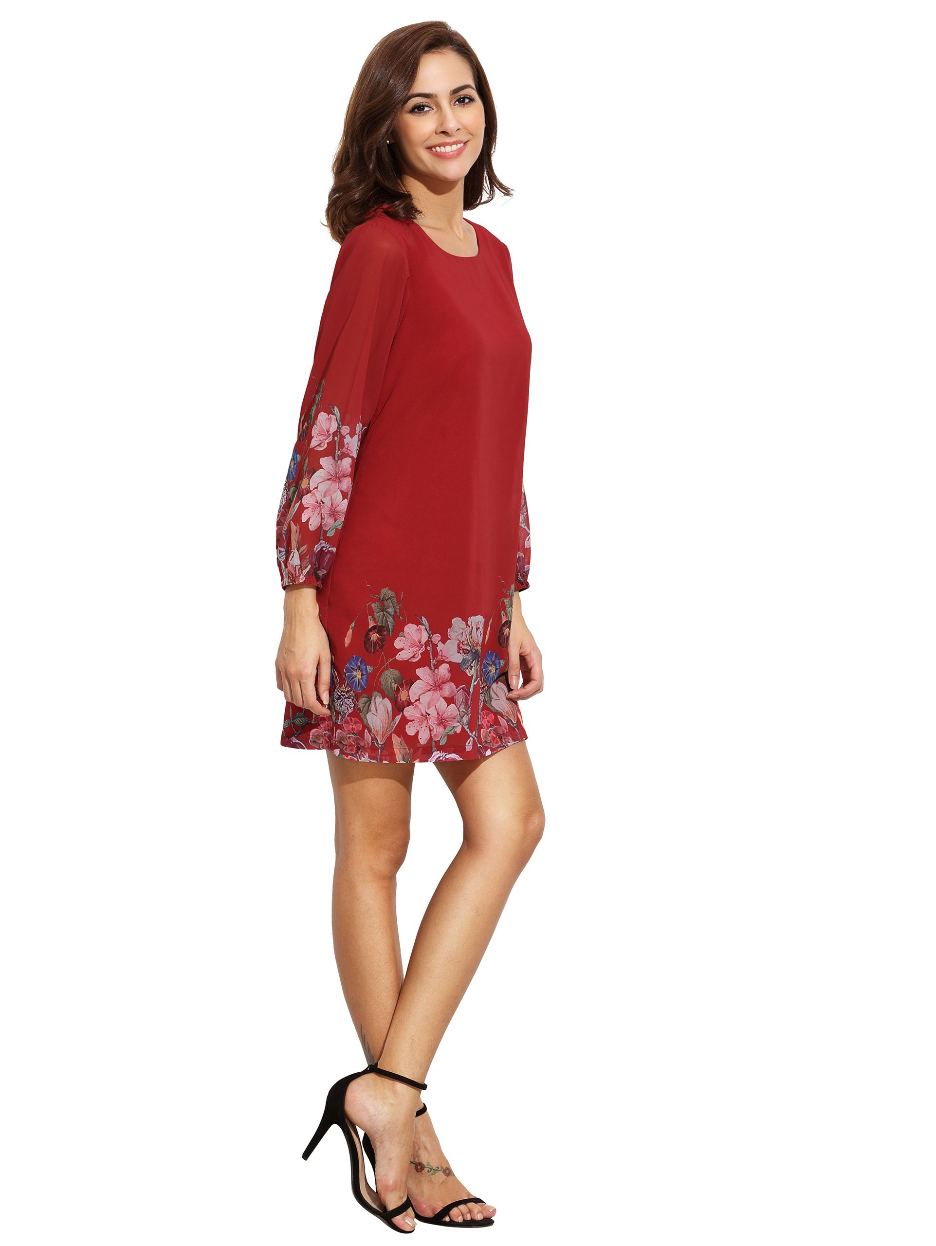 Red Lantern Sleeve Floral Shift Dress