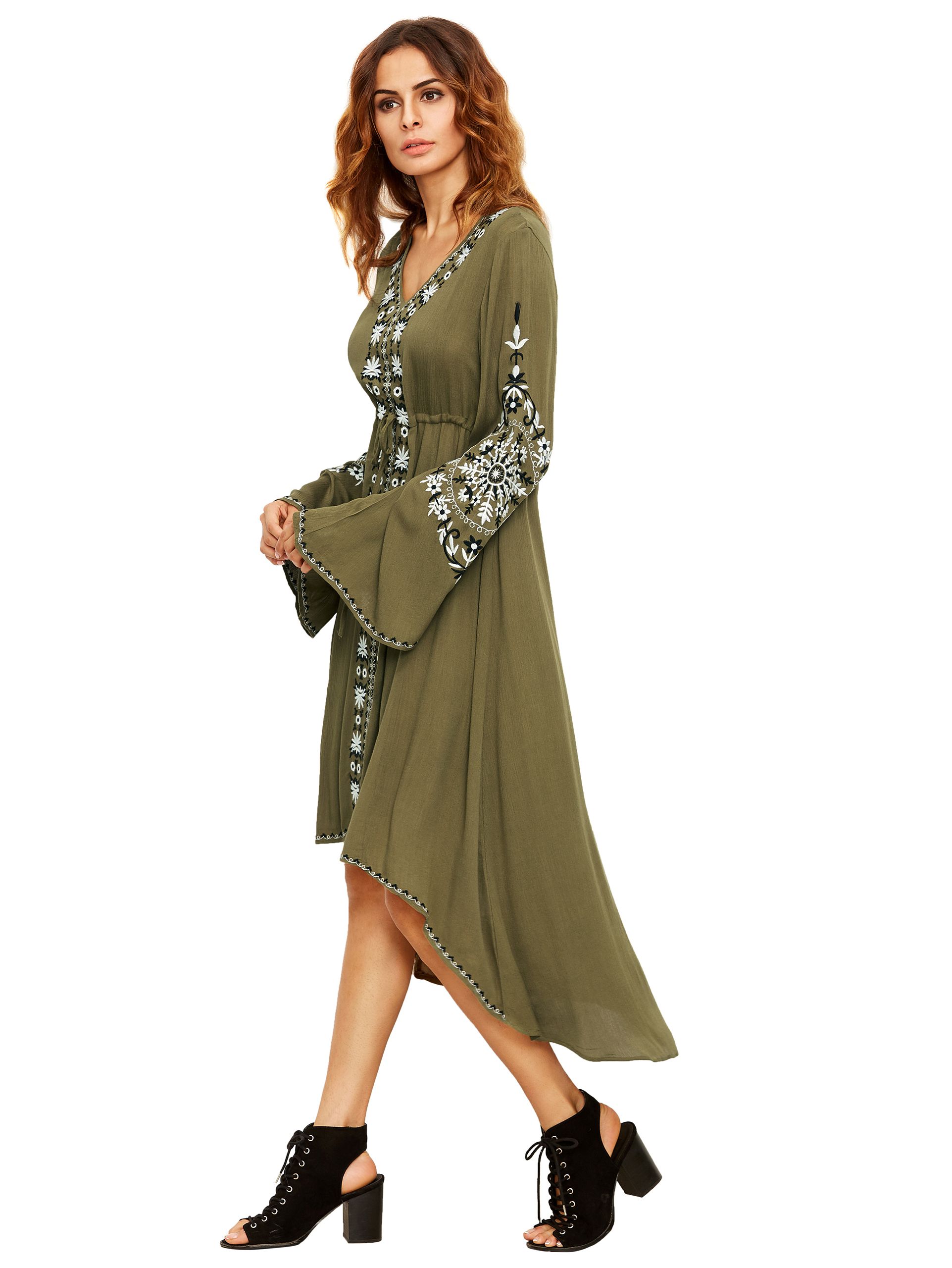 Army Green Bell Sleeve Tribal Print Dress