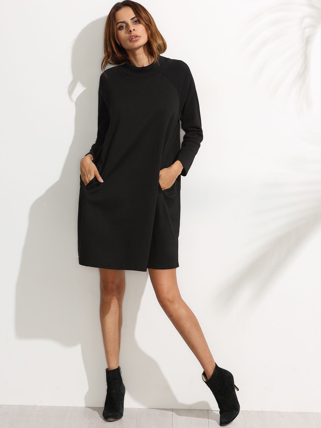 Black Ribbed Raglan Sleeve Sweatshirt Dress