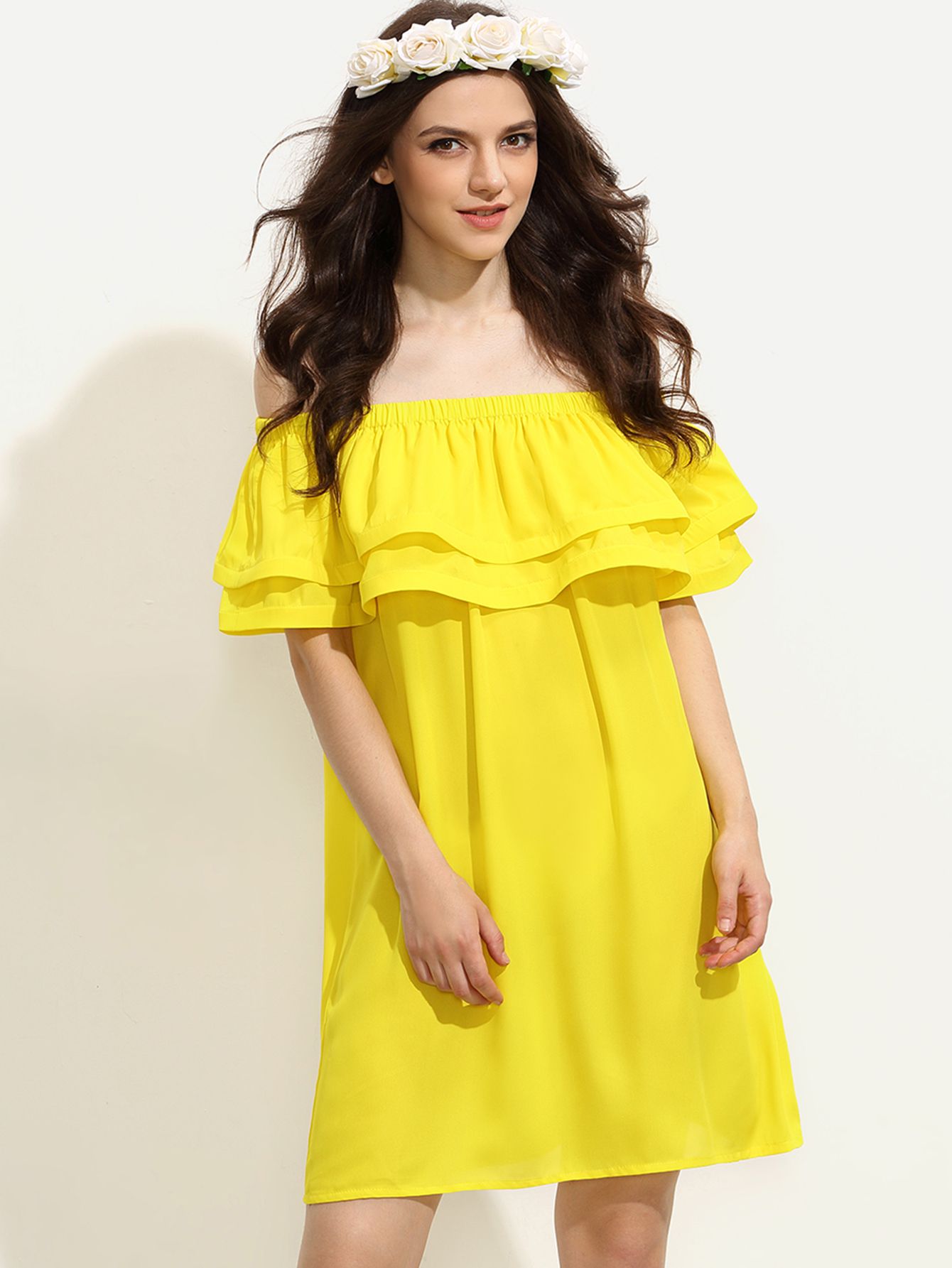 Yellow Ruffle Off The Shoulder Shift Dress