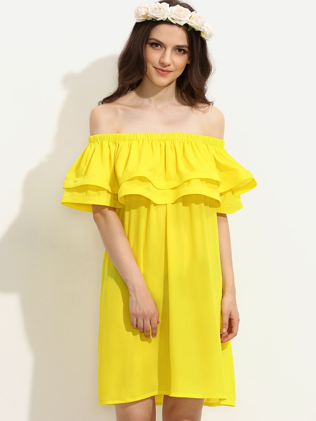 Yellow Ruffle Off The Shoulder Shift Dress