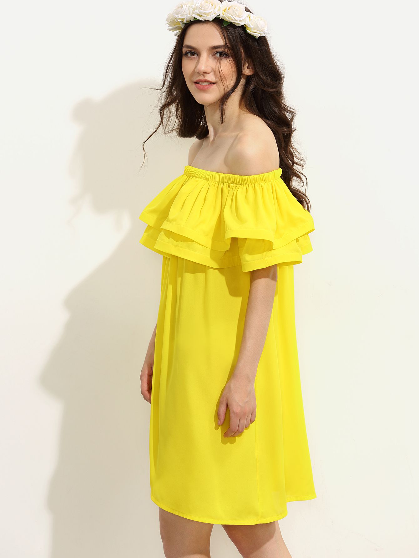 Yellow Ruffle Off The Shoulder Shift Dress