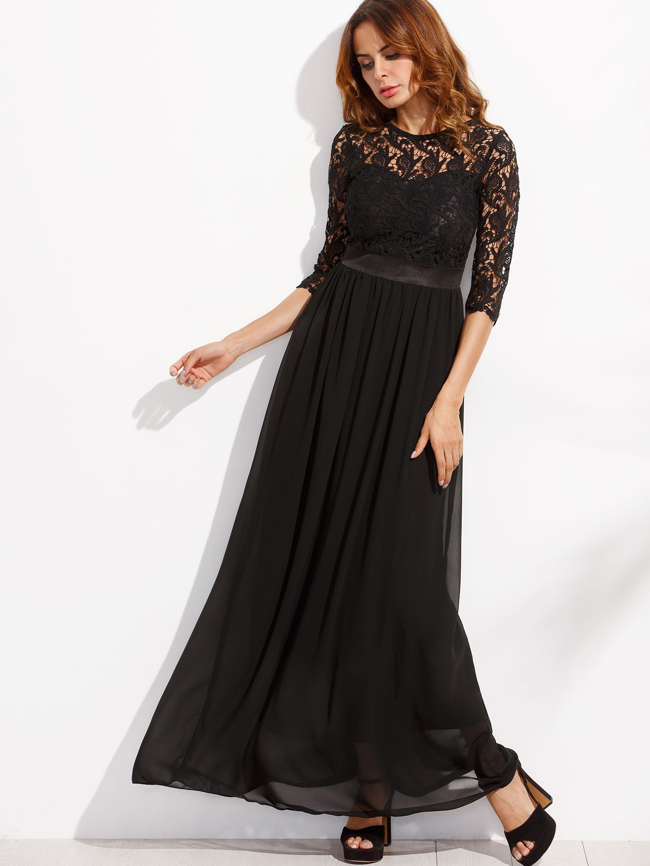 Black Lace Overlay Maxi Chiffon Dress