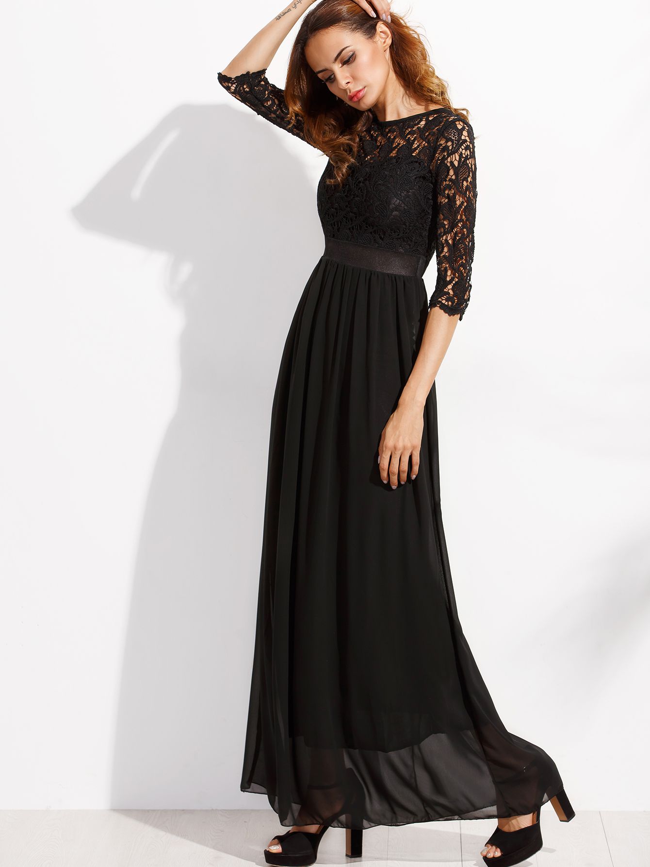 Black Lace Overlay Maxi Chiffon Dress