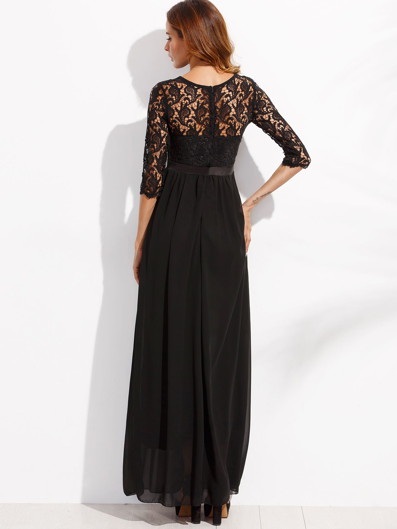 Black Lace Overlay Maxi Chiffon Dress