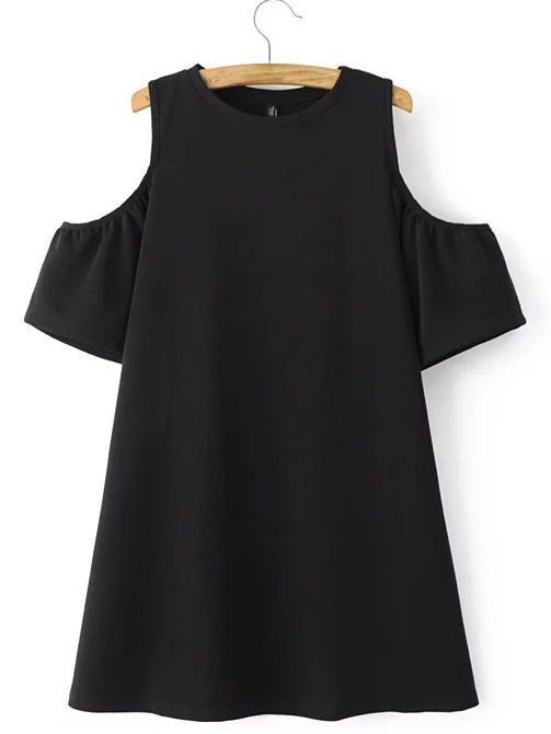 Black Cold Shoulder Plain A-line Dress