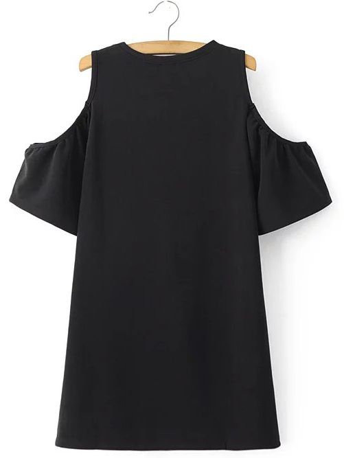 Black Cold Shoulder Plain A-line Dress