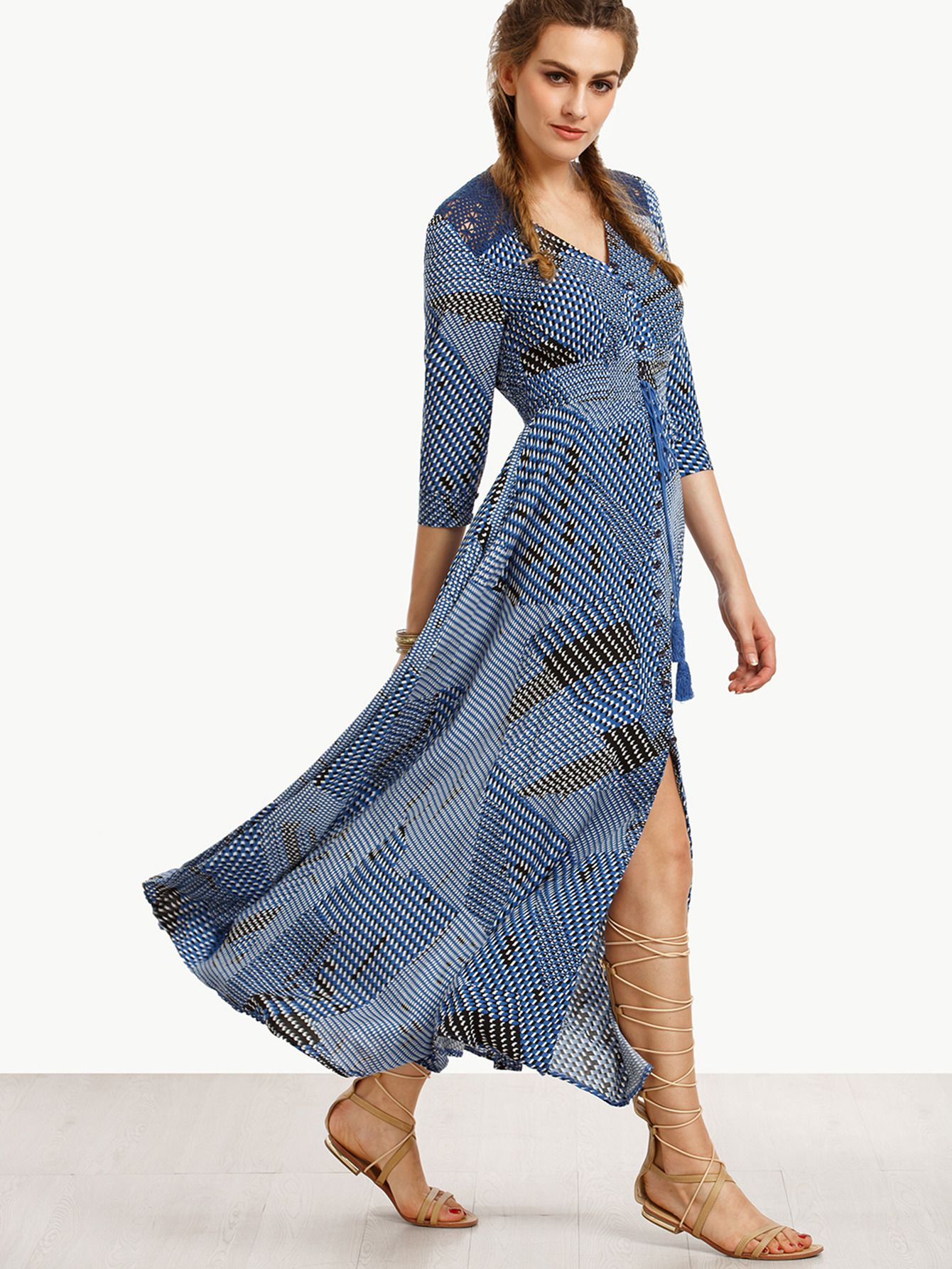 Blue Print Crochet Insert Drawstring Button Front Dress