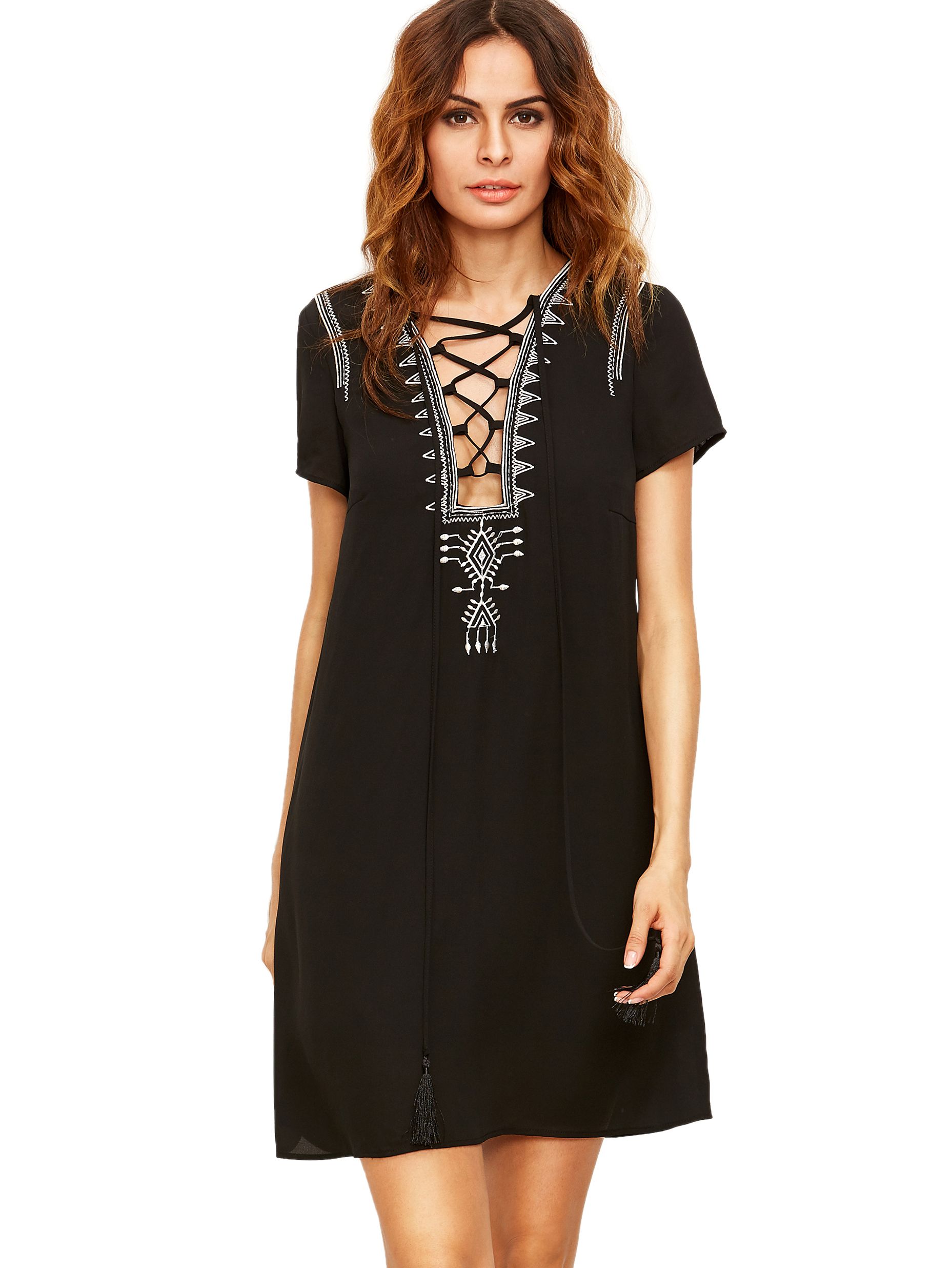 Black Lace Up Print Front Shift Dress