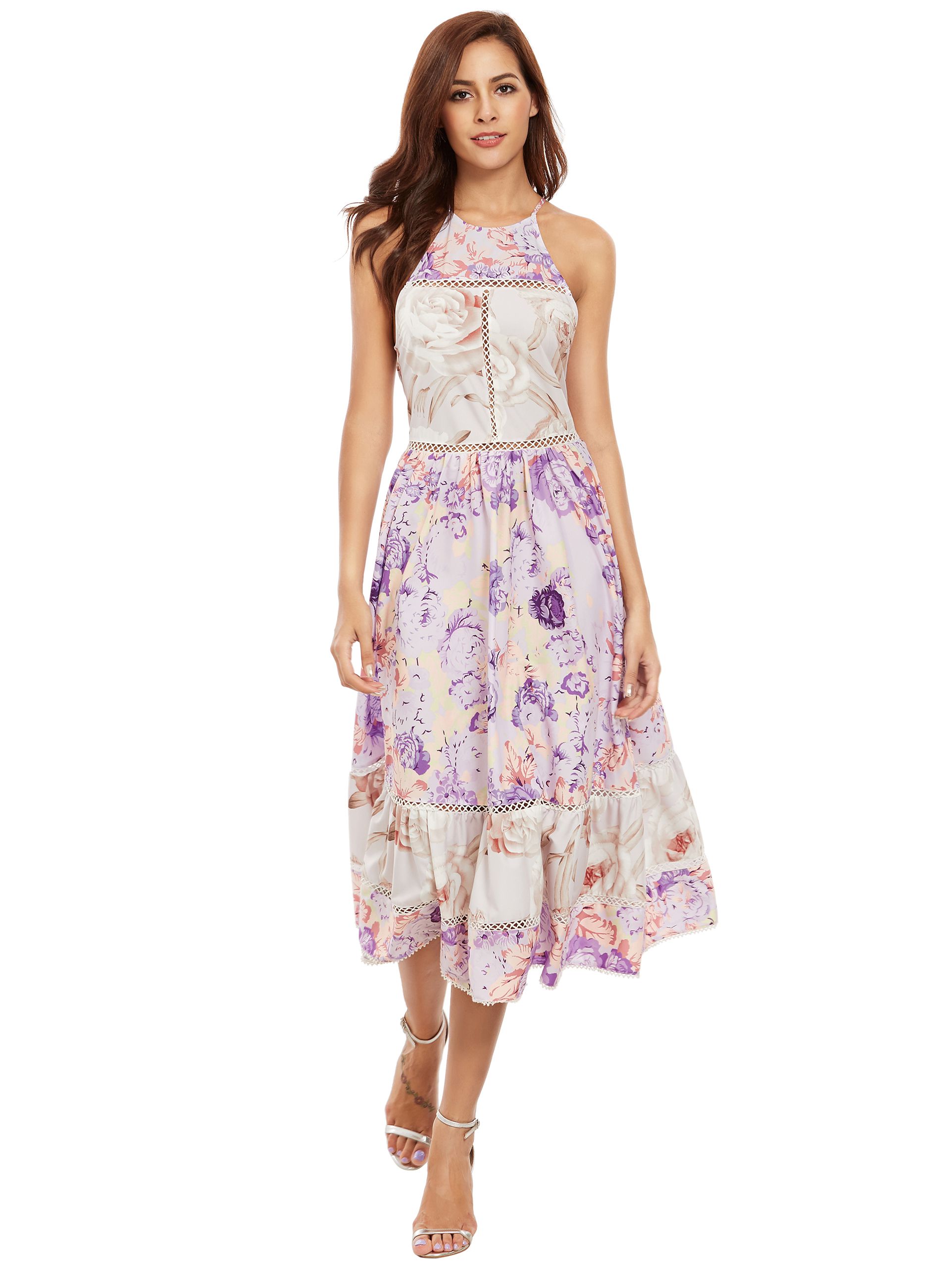 Multicolor Print Ruffle Hem Flare Midi Dress