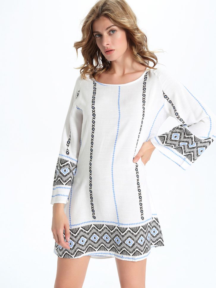 White Tribal Print Tunic Dress