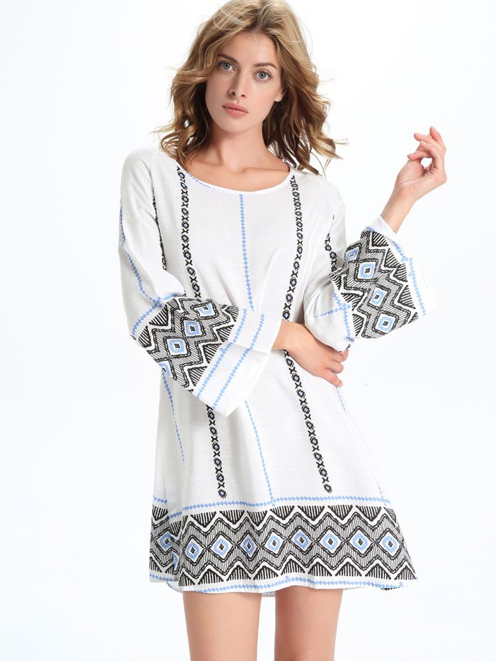 White Tribal Print Tunic Dress