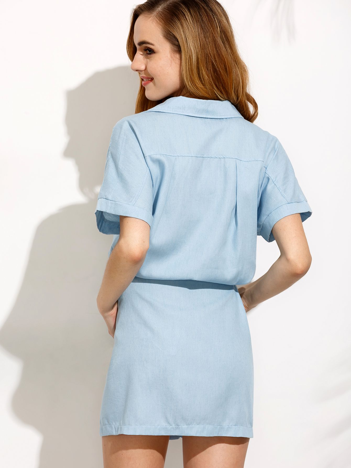 Blue Drawstring Waist Denim Shirt Dress