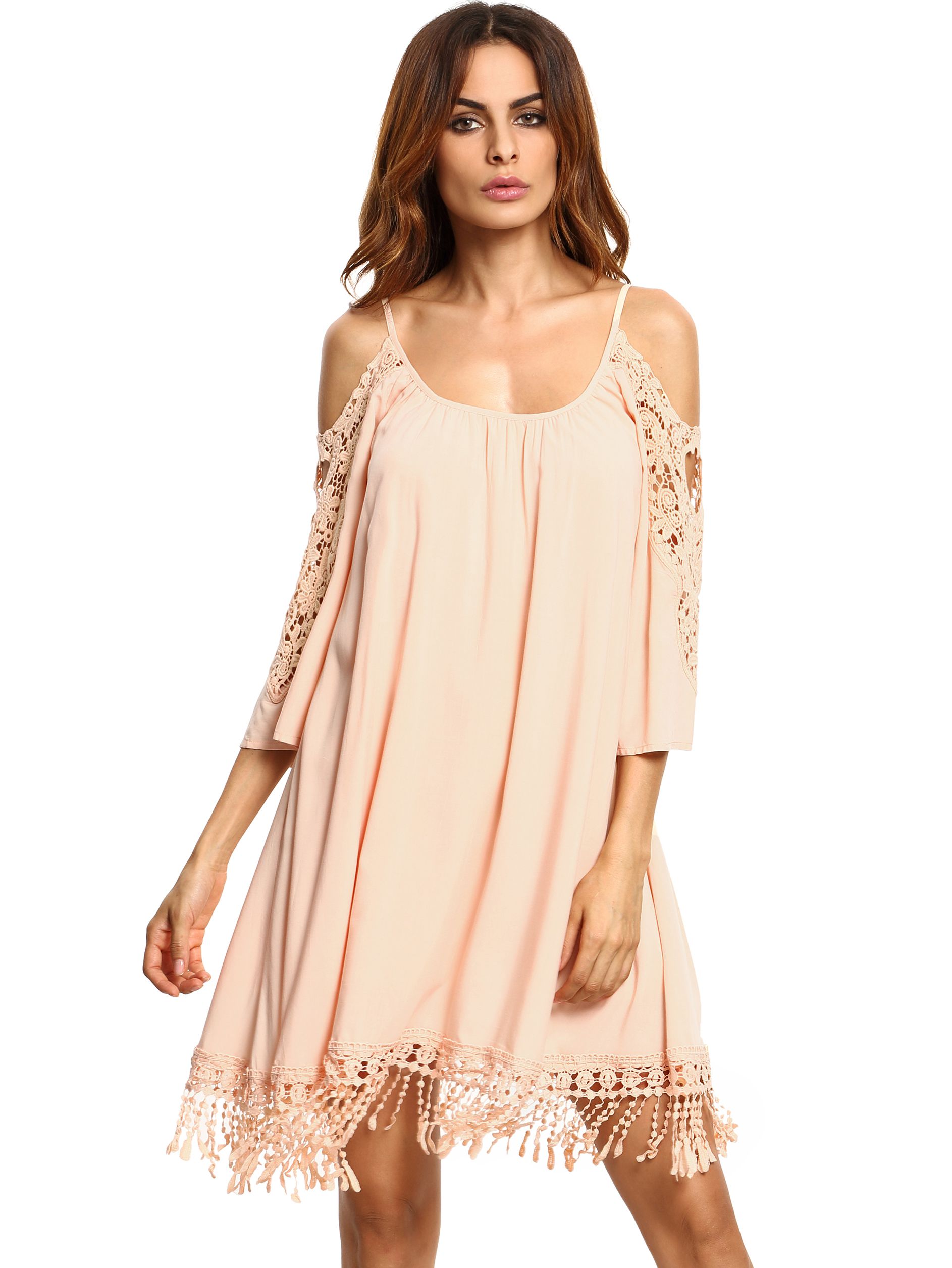 Apricot Open Shoulder Crochet Lace Sleeve Tassel Dress