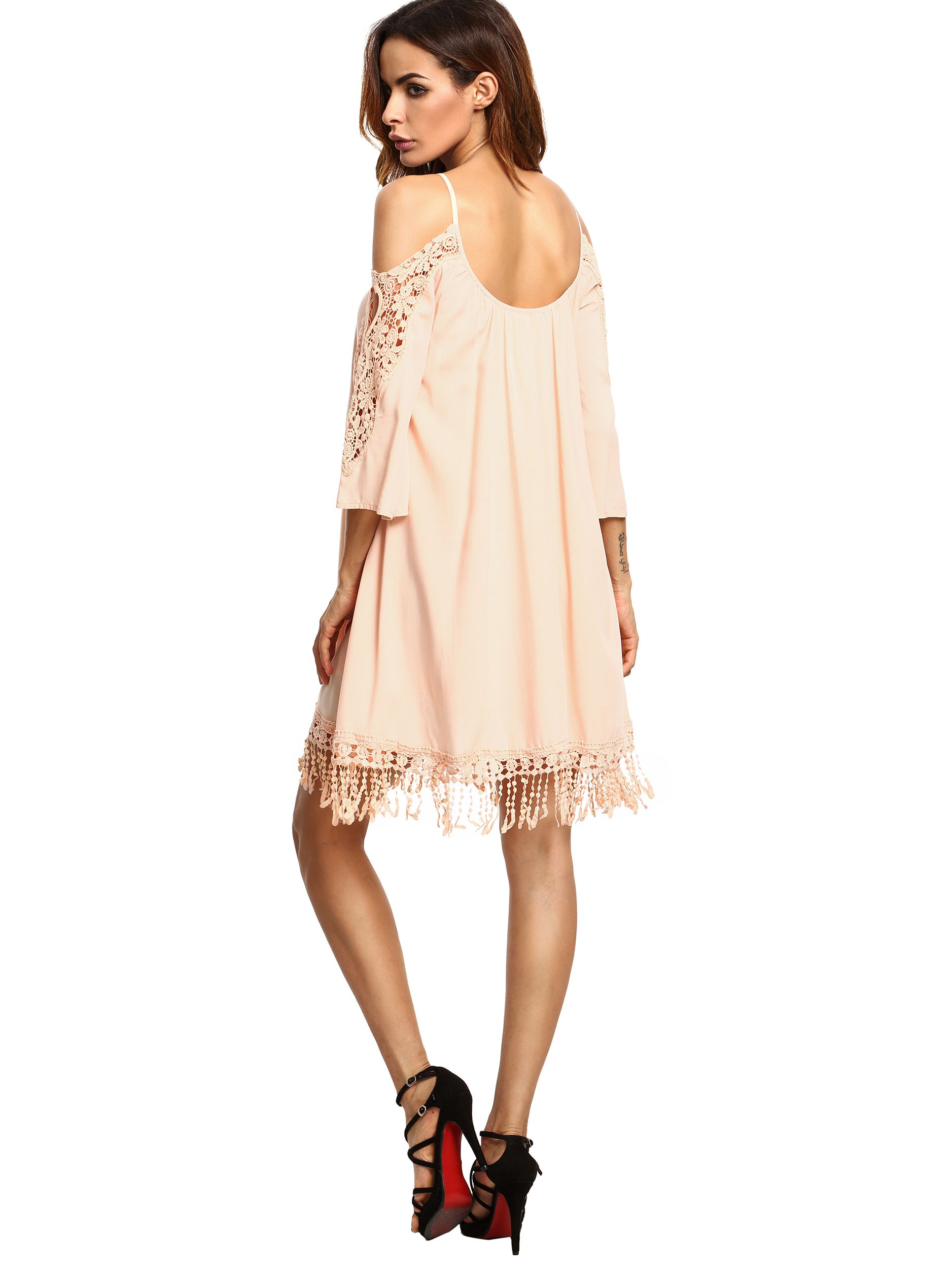 Apricot Open Shoulder Crochet Lace Sleeve Tassel Dress