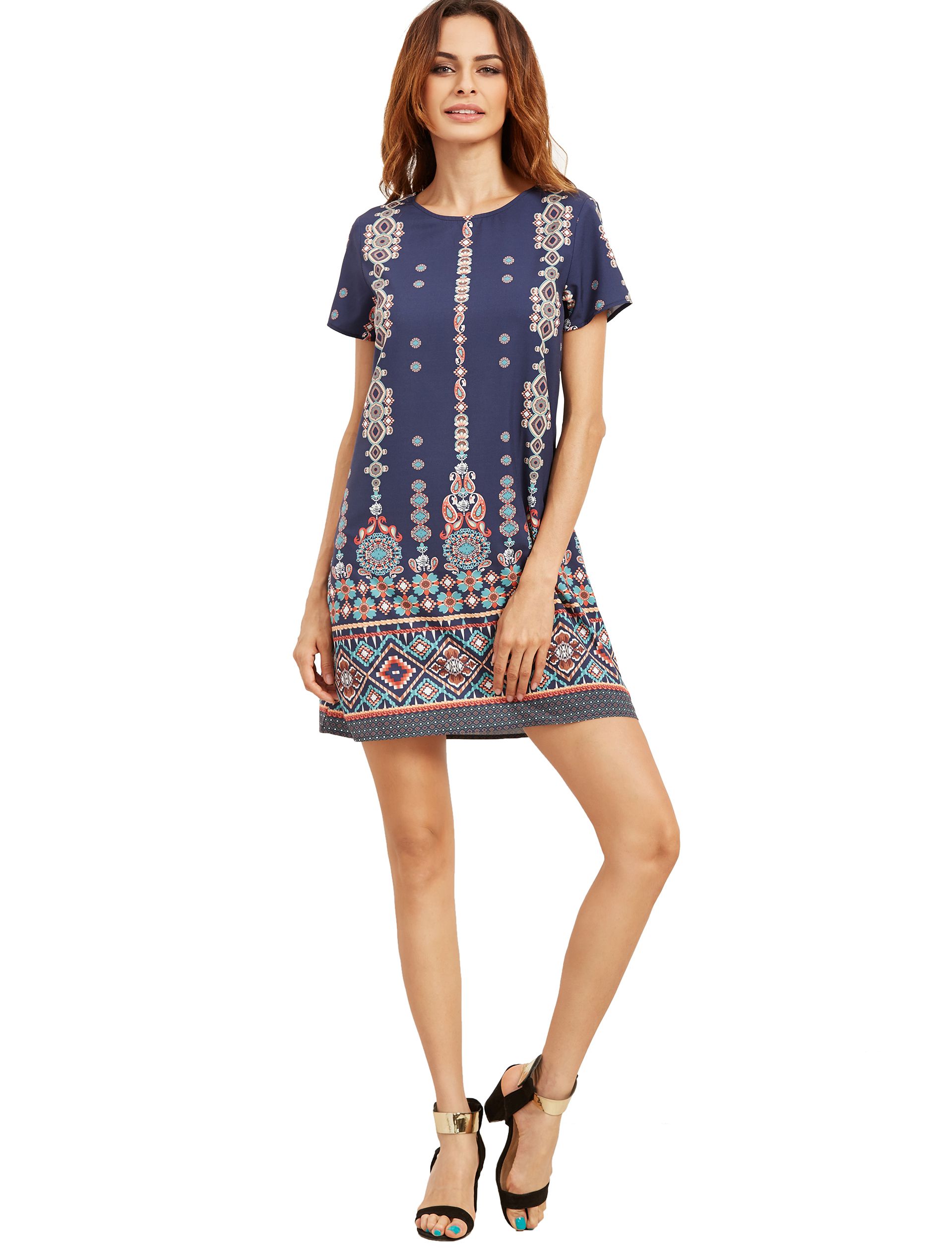 Aztec Print Short Sleeve Shift Dress