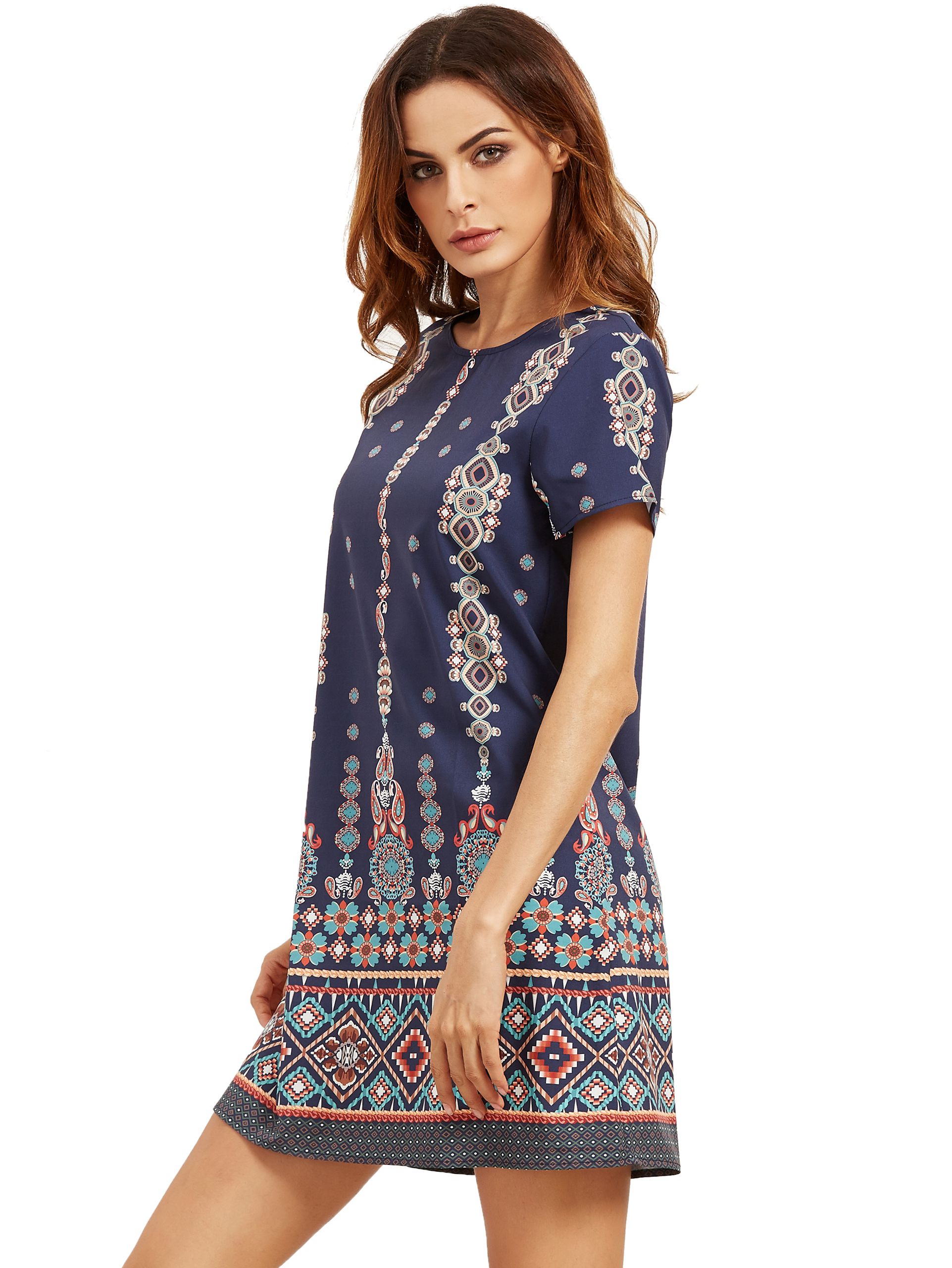 Aztec Print Short Sleeve Shift Dress