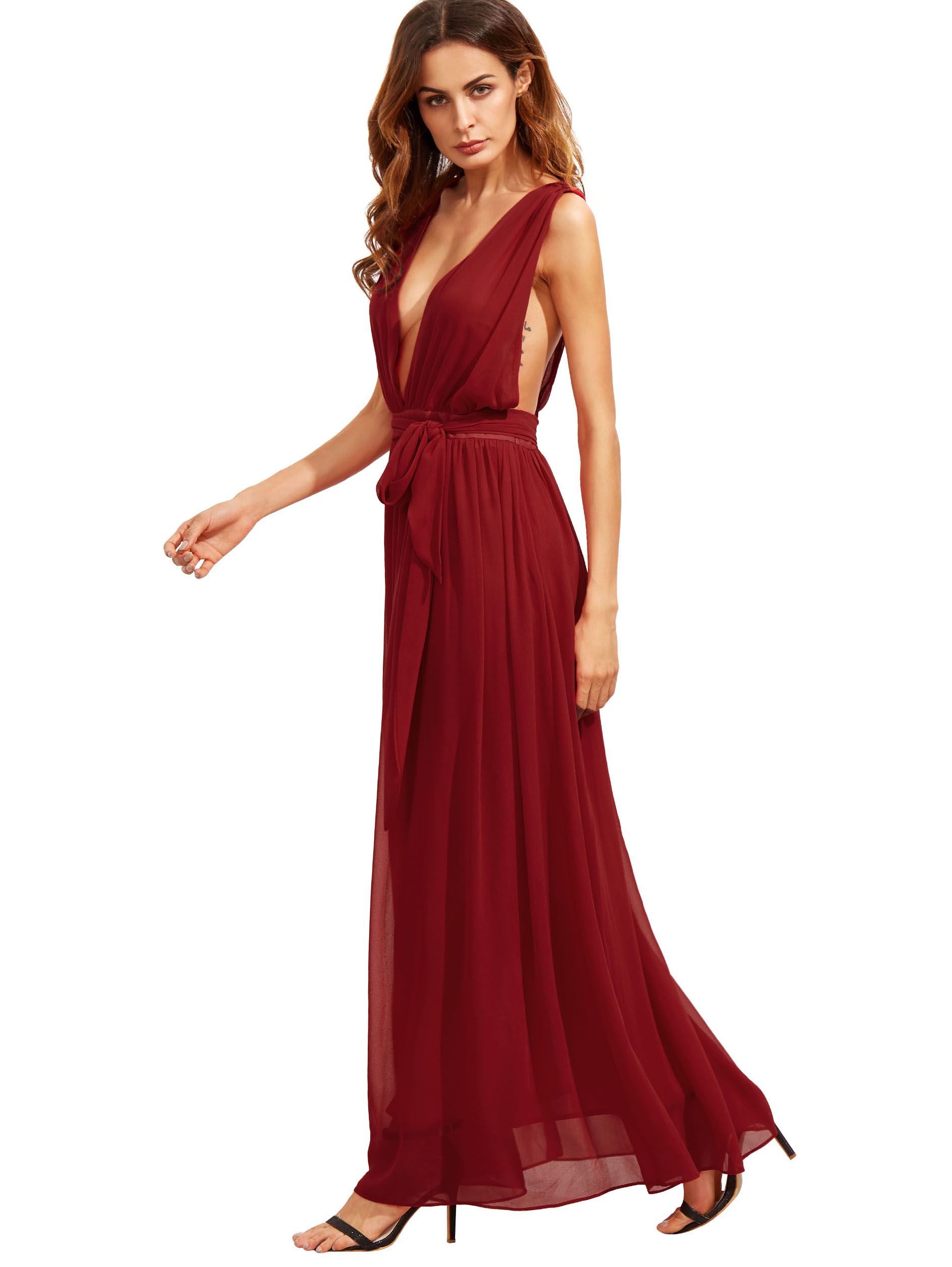 Red Deep V Neck Self-tie Waist Maxi Dress