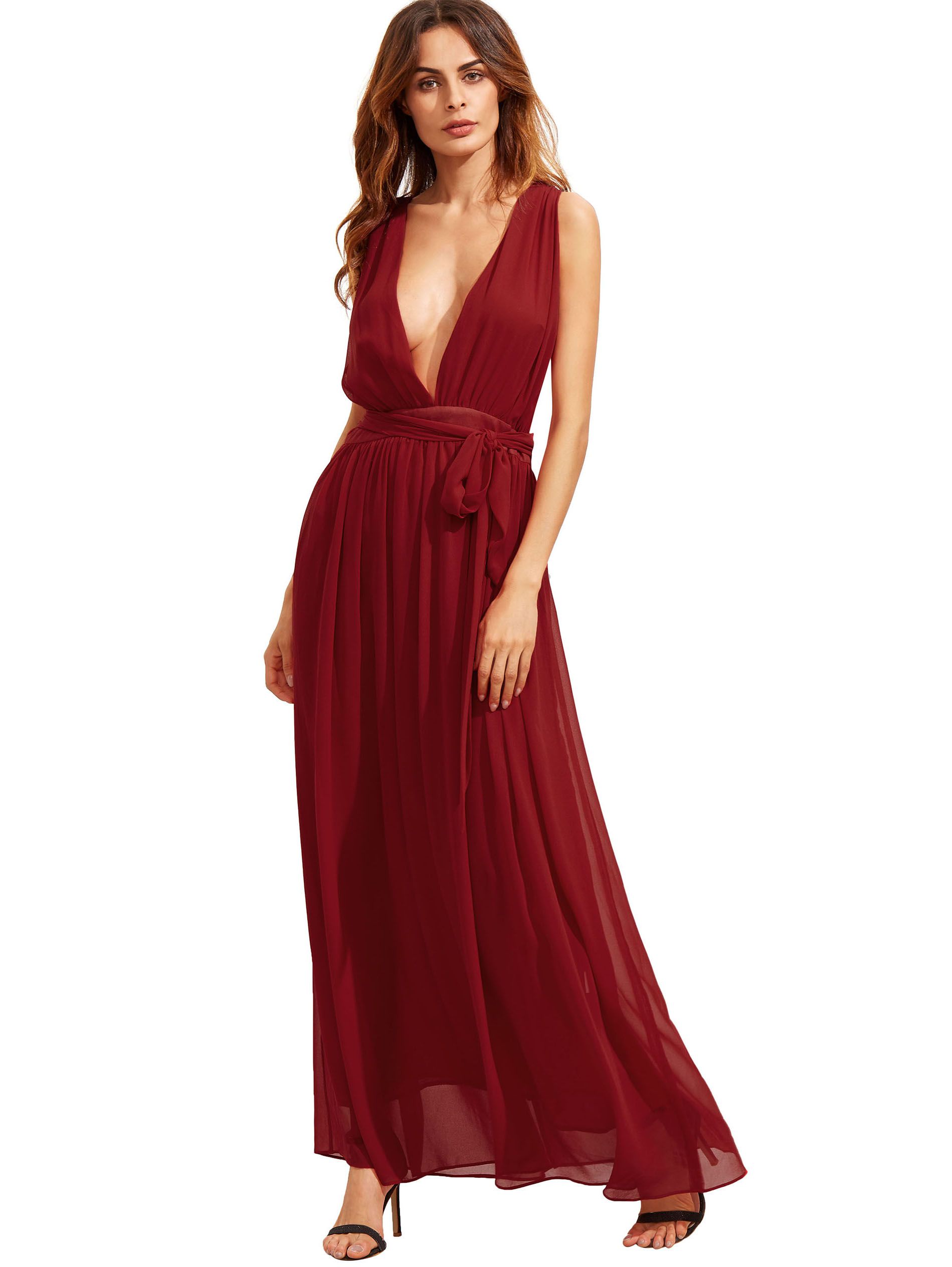 Red Deep V Neck Self-tie Waist Maxi Dress