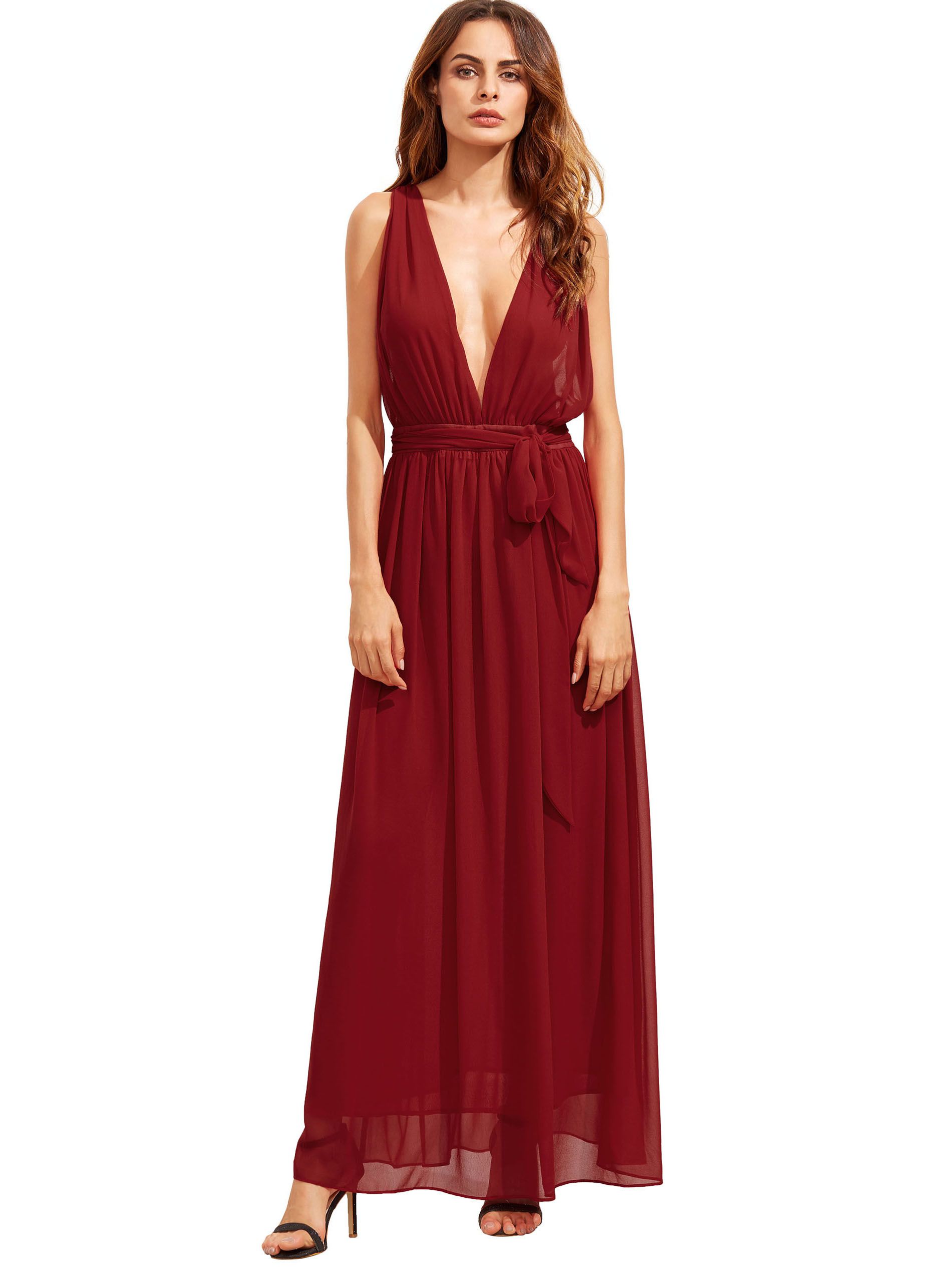 Red Deep V Neck Self-tie Waist Maxi Dress