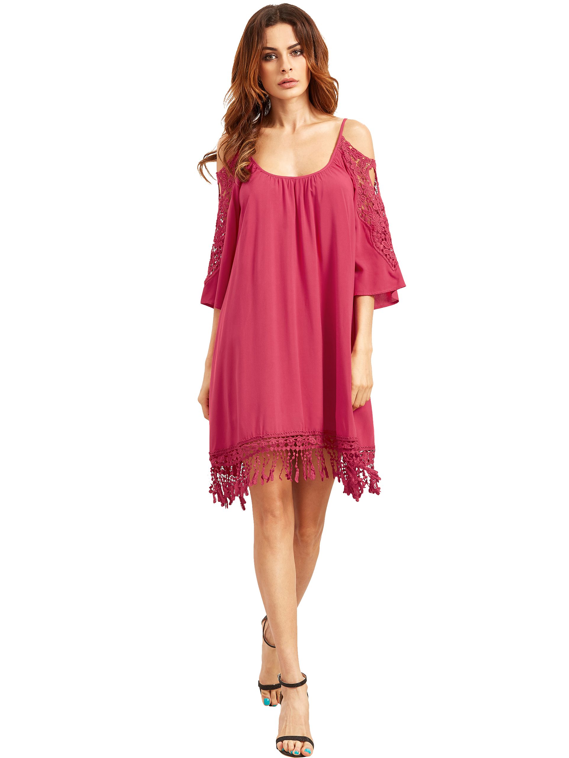 Hot Pink Open Shoulder Crochet Lace Sleeve Tassel Dress