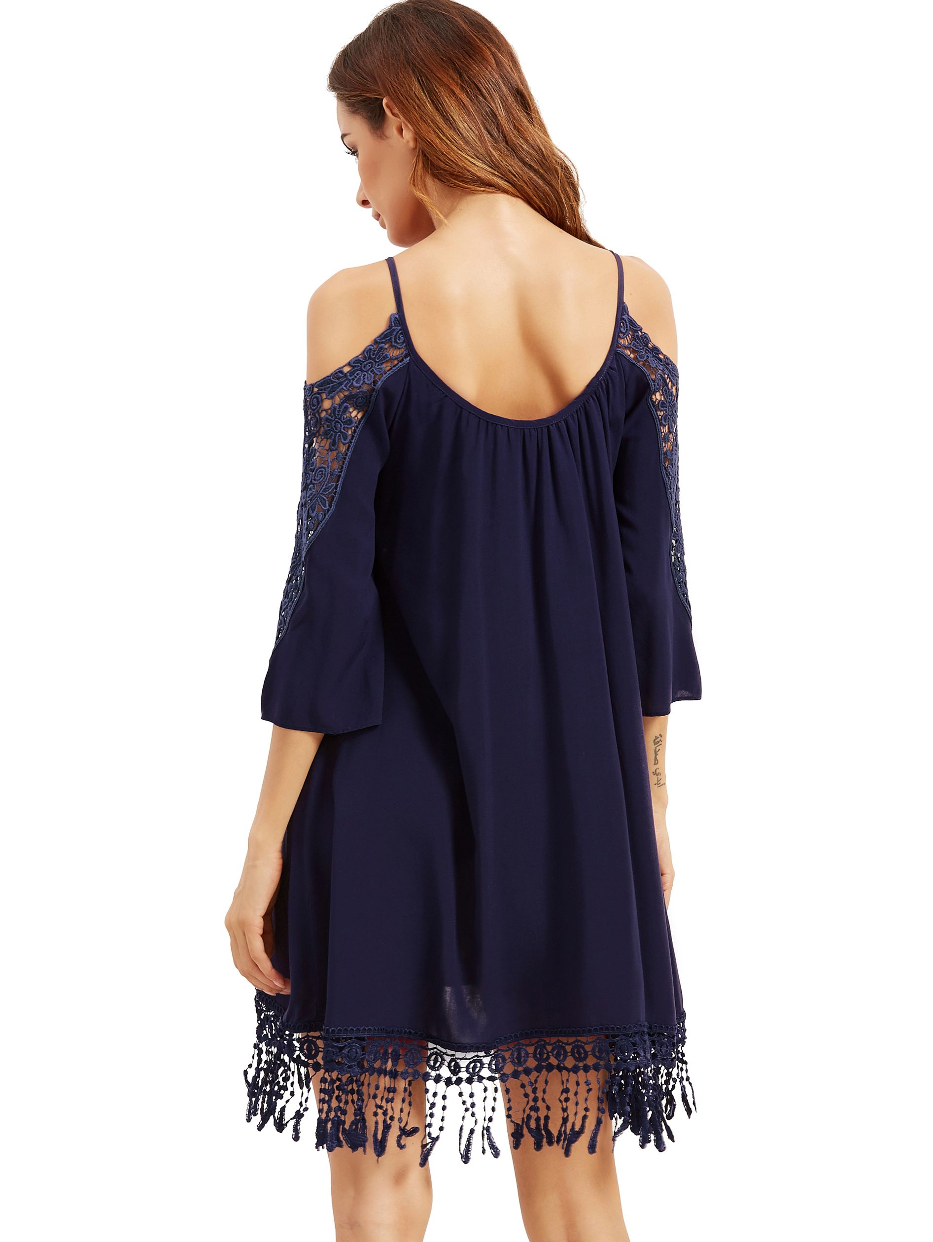 Navy Open Shoulder Crochet Lace Sleeve Tassel Dress