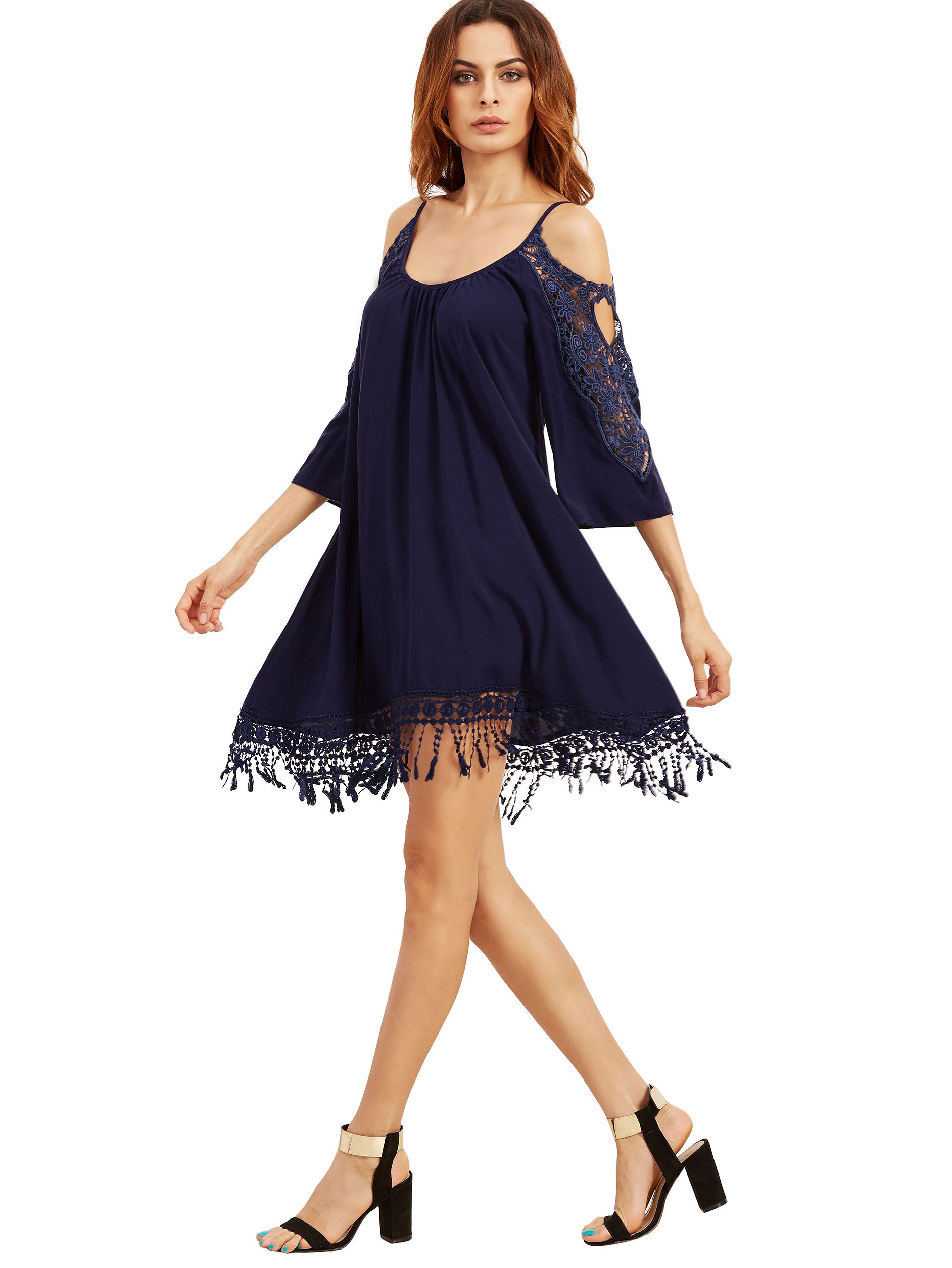 Navy Open Shoulder Crochet Lace Sleeve Tassel Dress