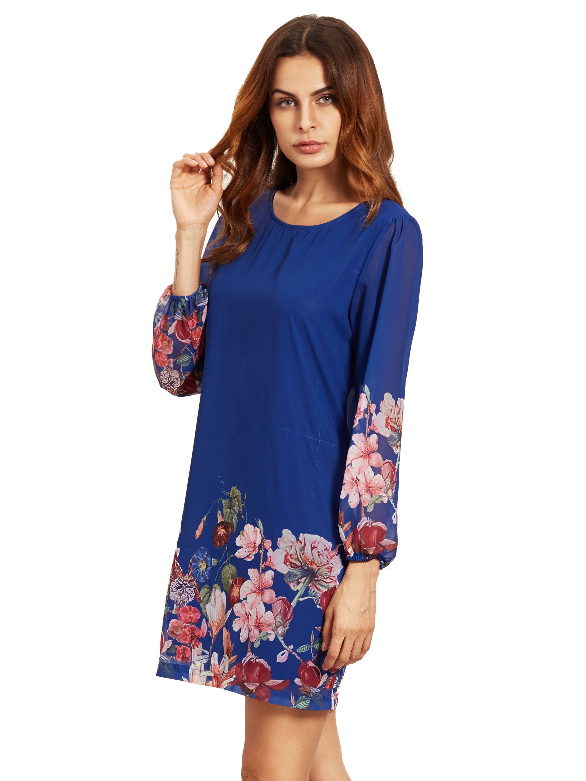 Blue Lantern Sleeve Floral Shift Dress