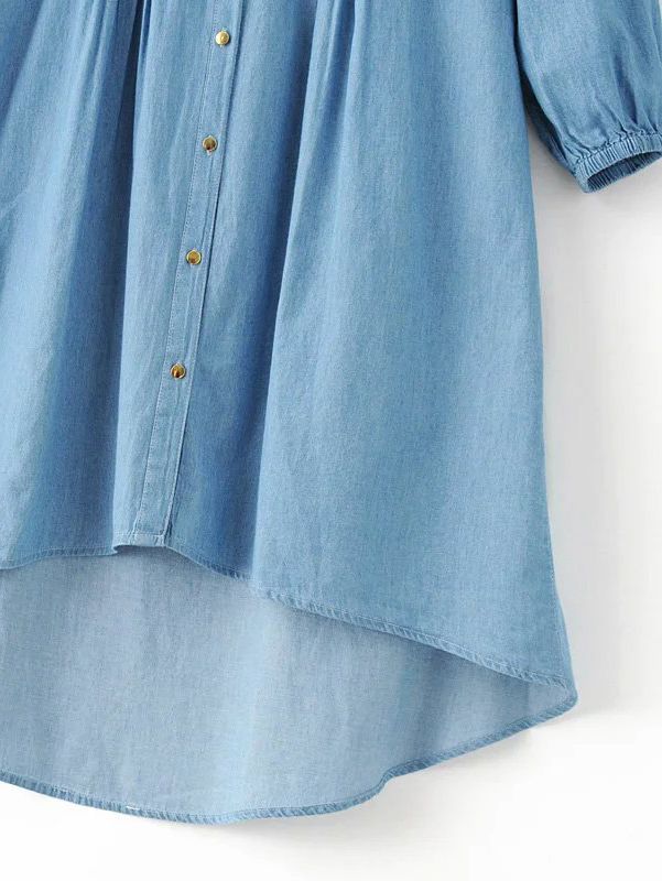 Blue Flower Embroidery High Low Denim Dress With Buttons