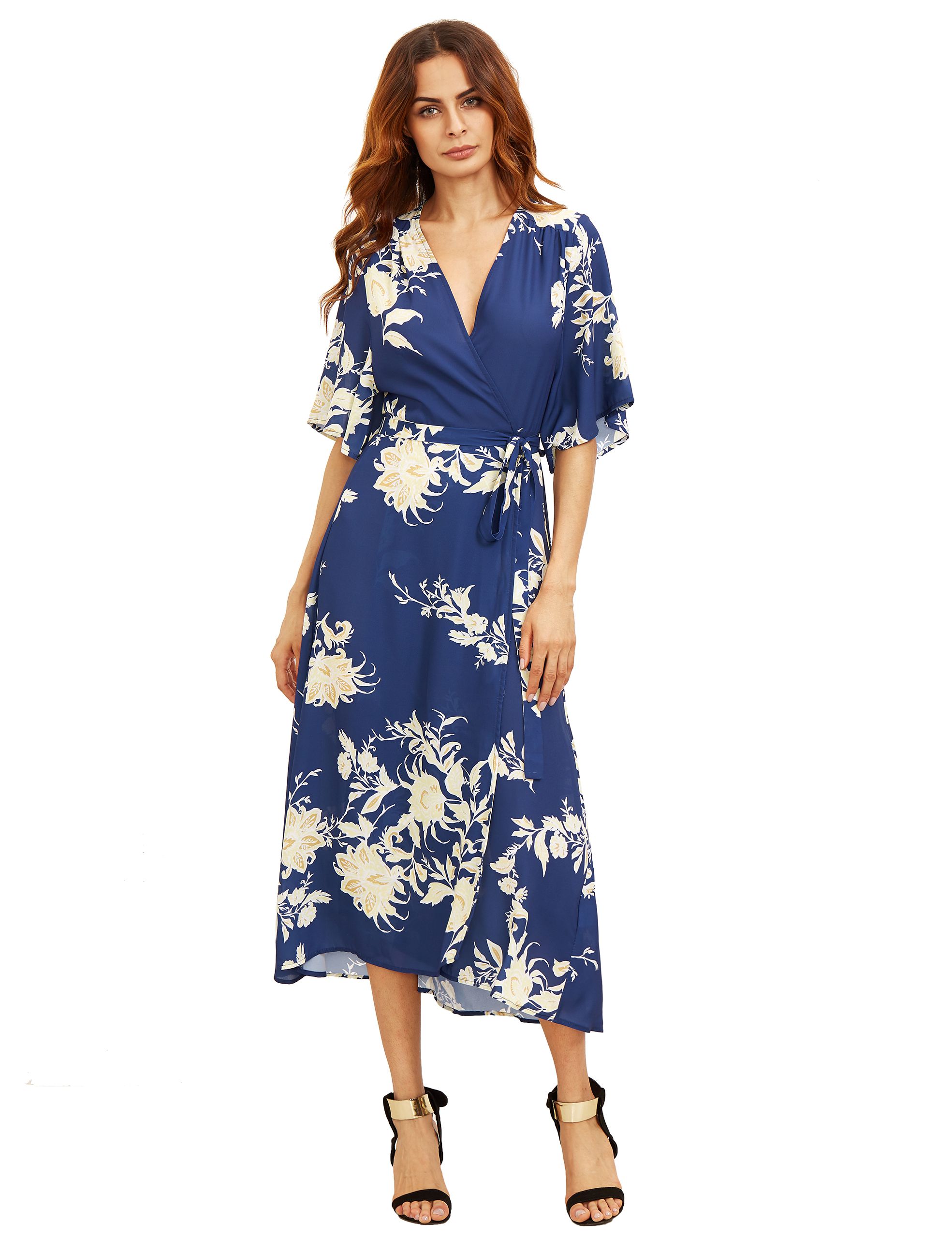 V Neck Florals Wrap Dress