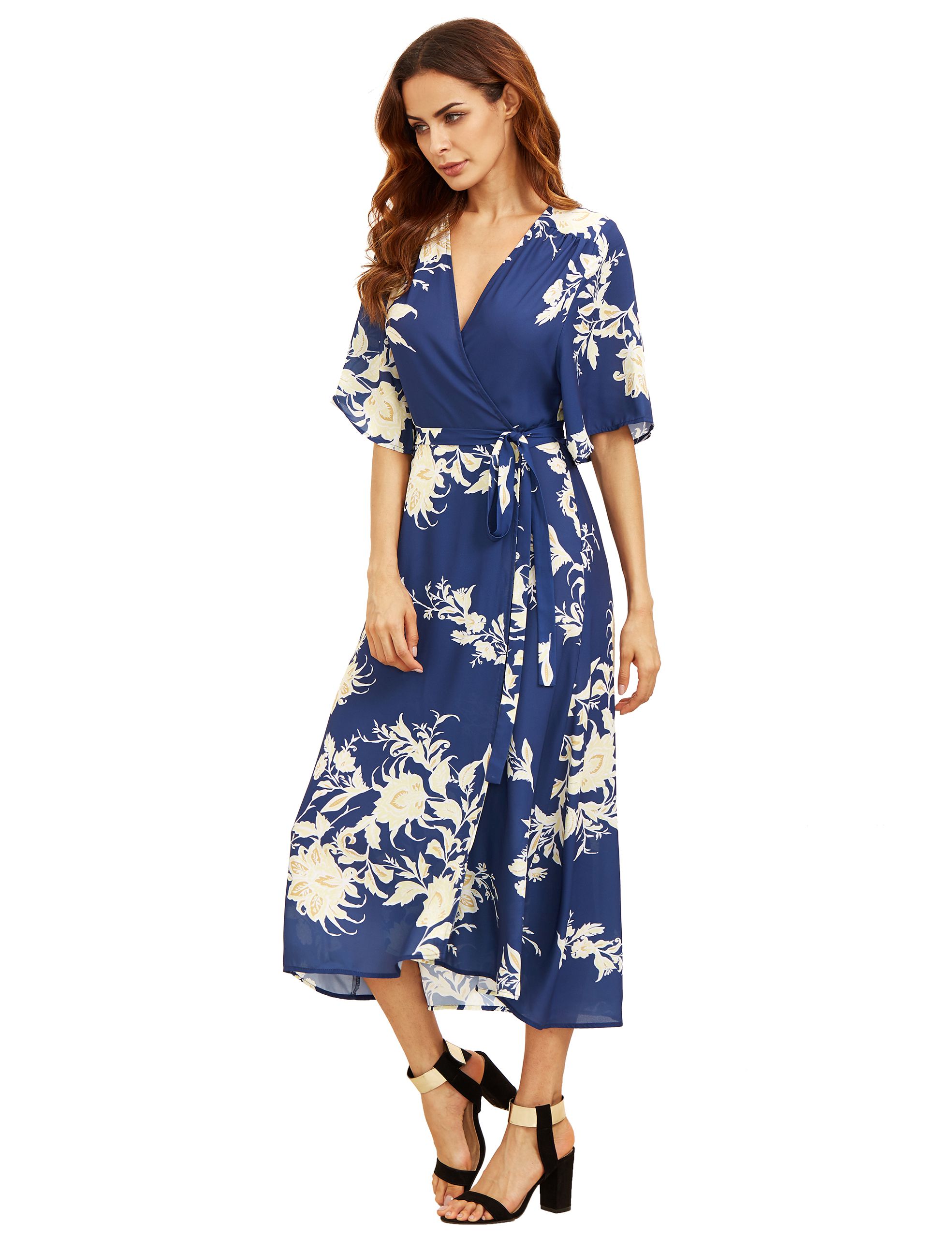 V Neck Florals Wrap Dress