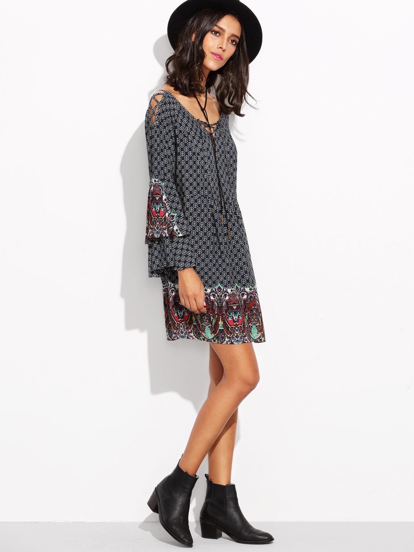 Multicolor Print Criss Cross Bell Sleeve Shift Dress