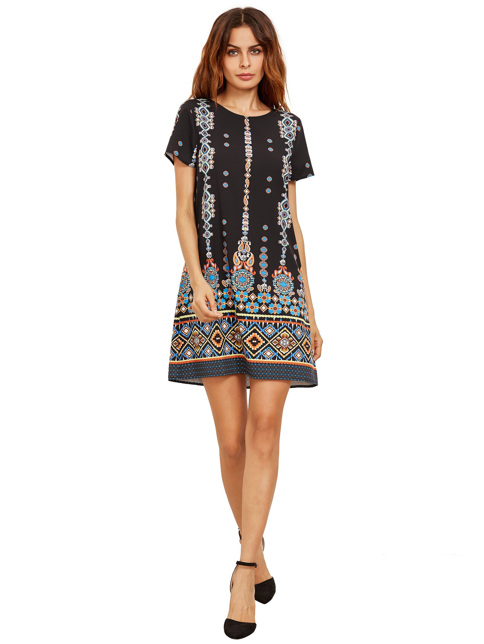 Orange In Black Aztec Print Shift Dress