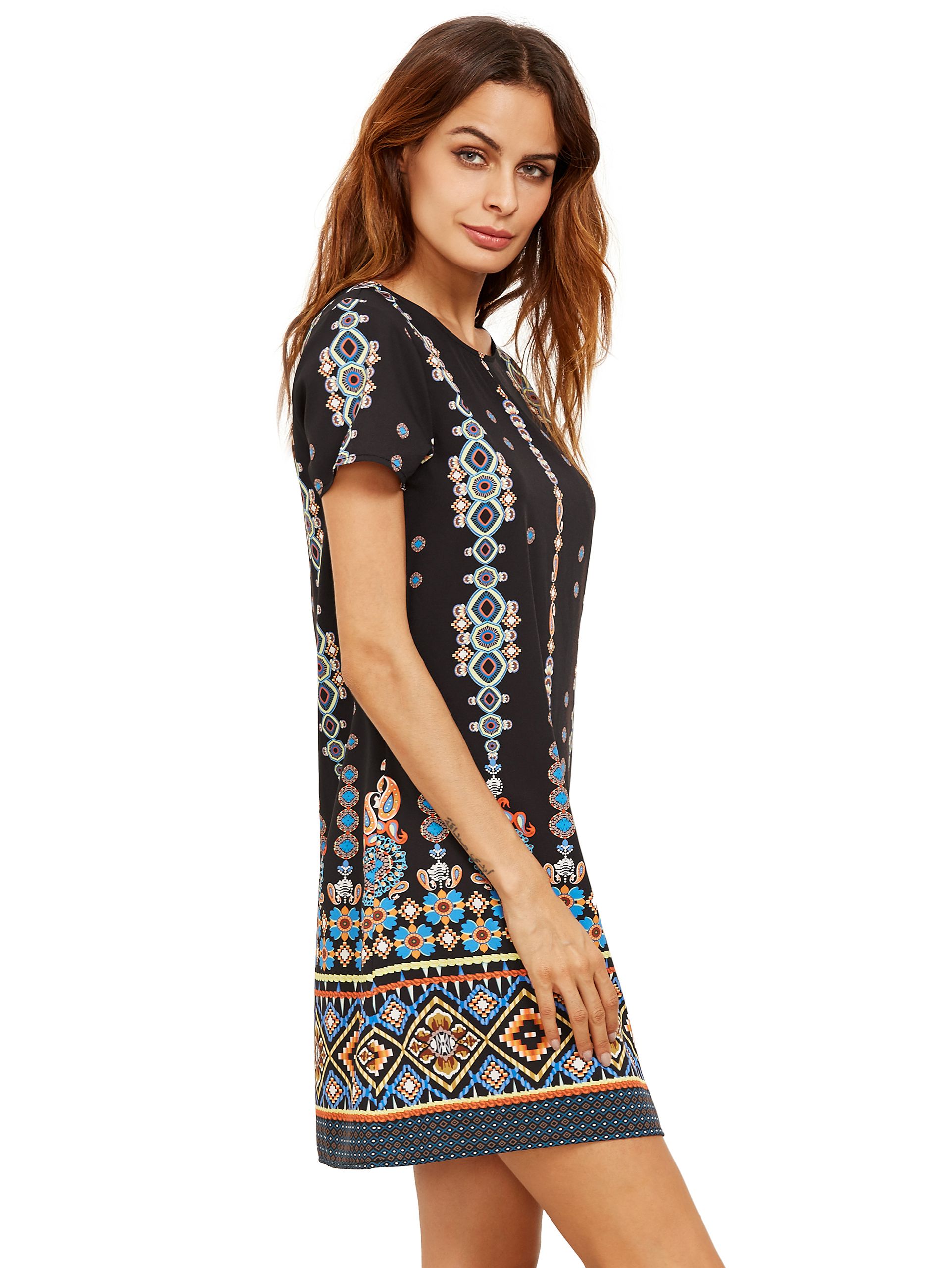 Orange In Black Aztec Print Shift Dress