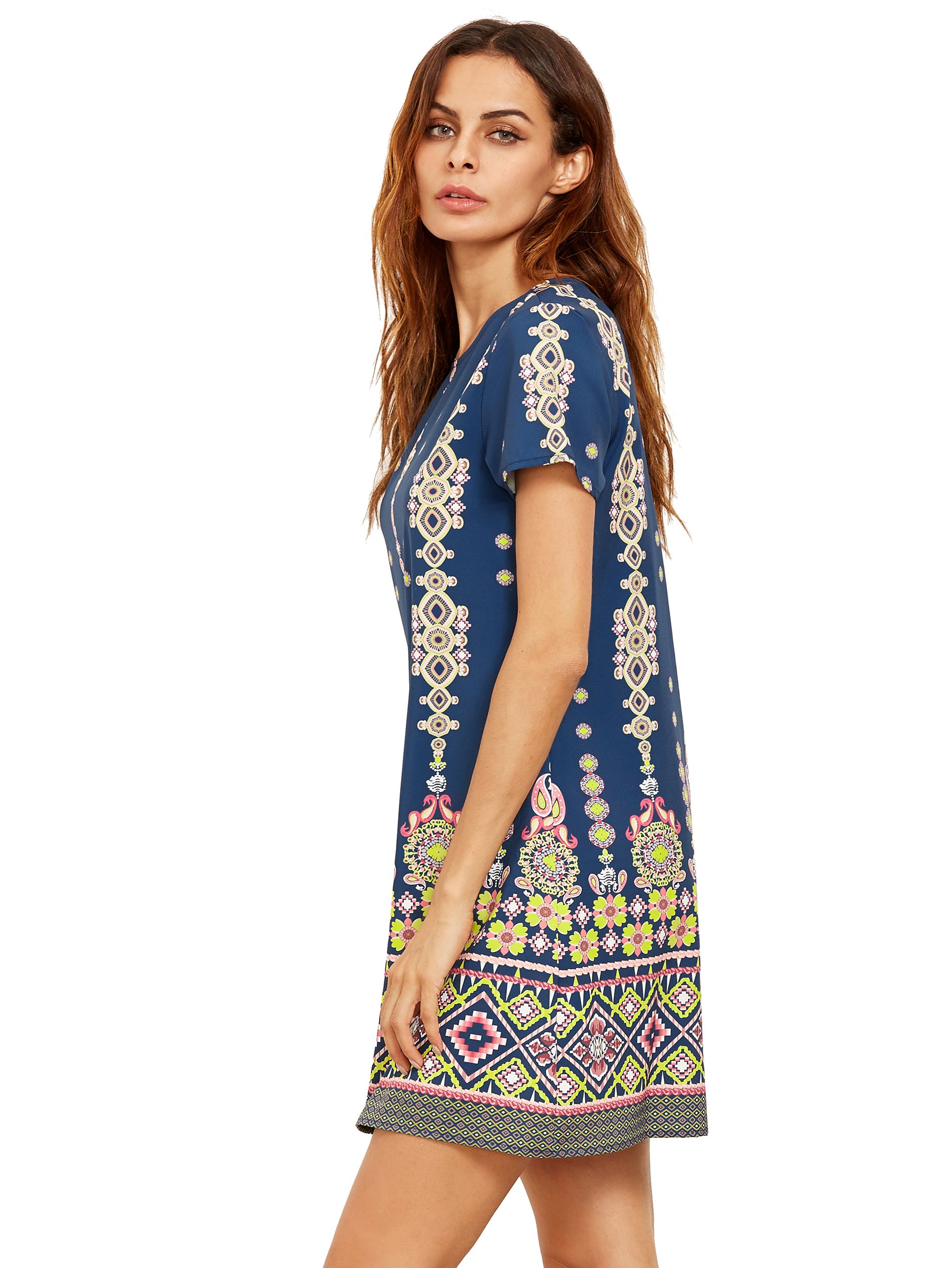 Pink In Blue Aztec Print Shift Dress