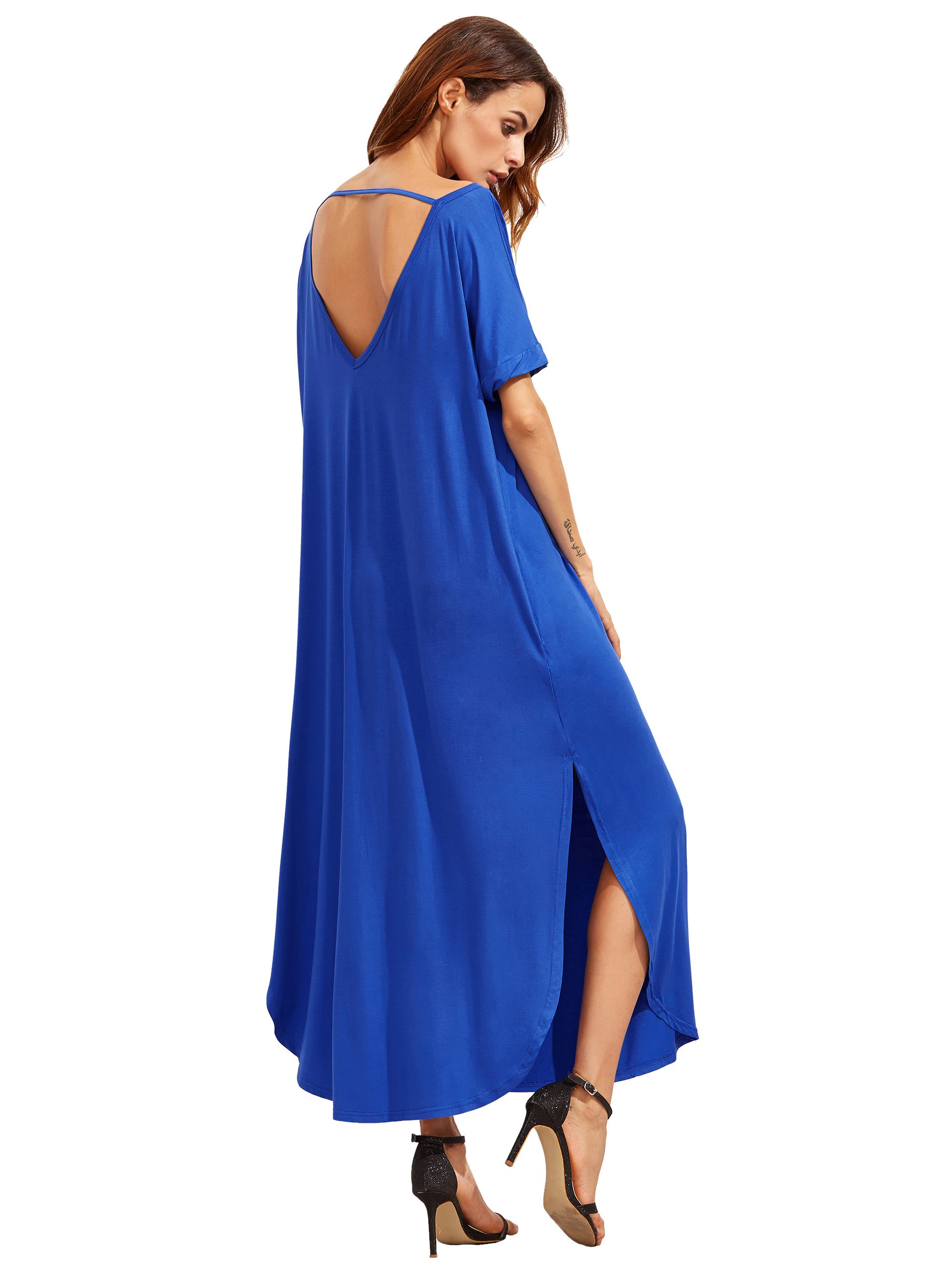 Blue Short Sleeve Pocket Split Side Dress